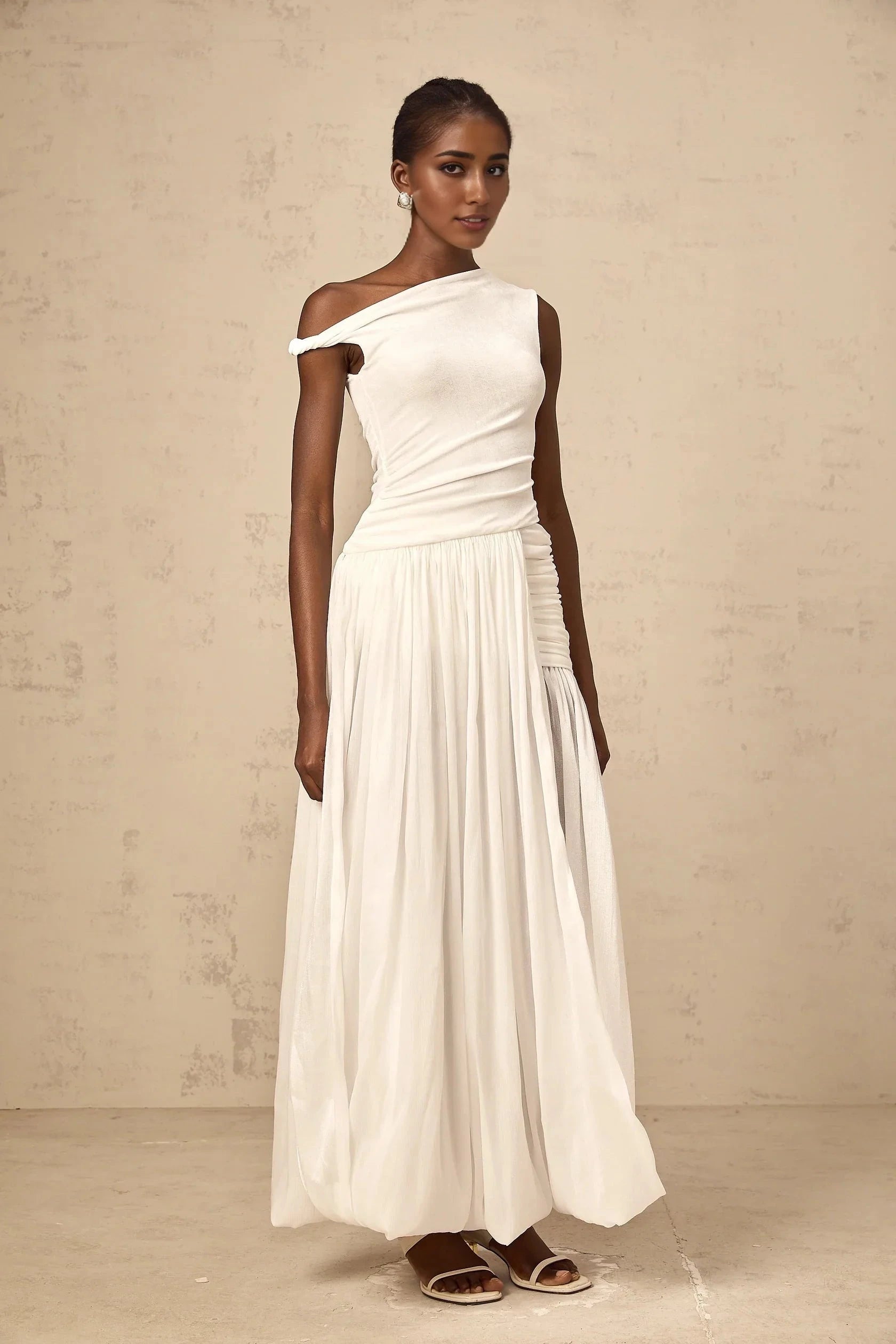 White One - Shoulder Draped Maxi Dress mono-shoulder shirred-panel maxi dress in White Evening Dress by YiHuiw