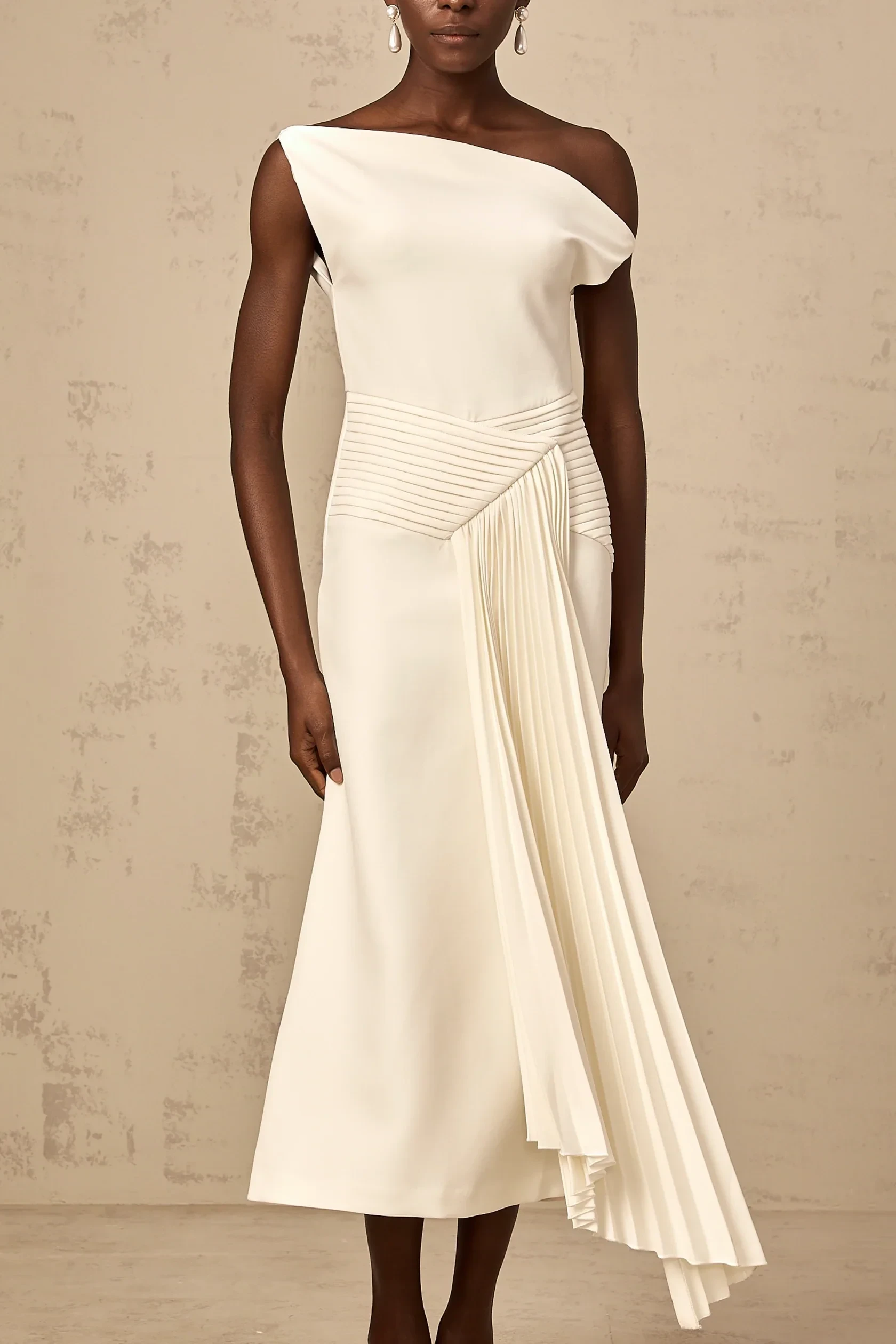 White One - Shoulder Pleated Midi Dress asymmetrical draped midi dress in White Evening Dress by YiHuiw
