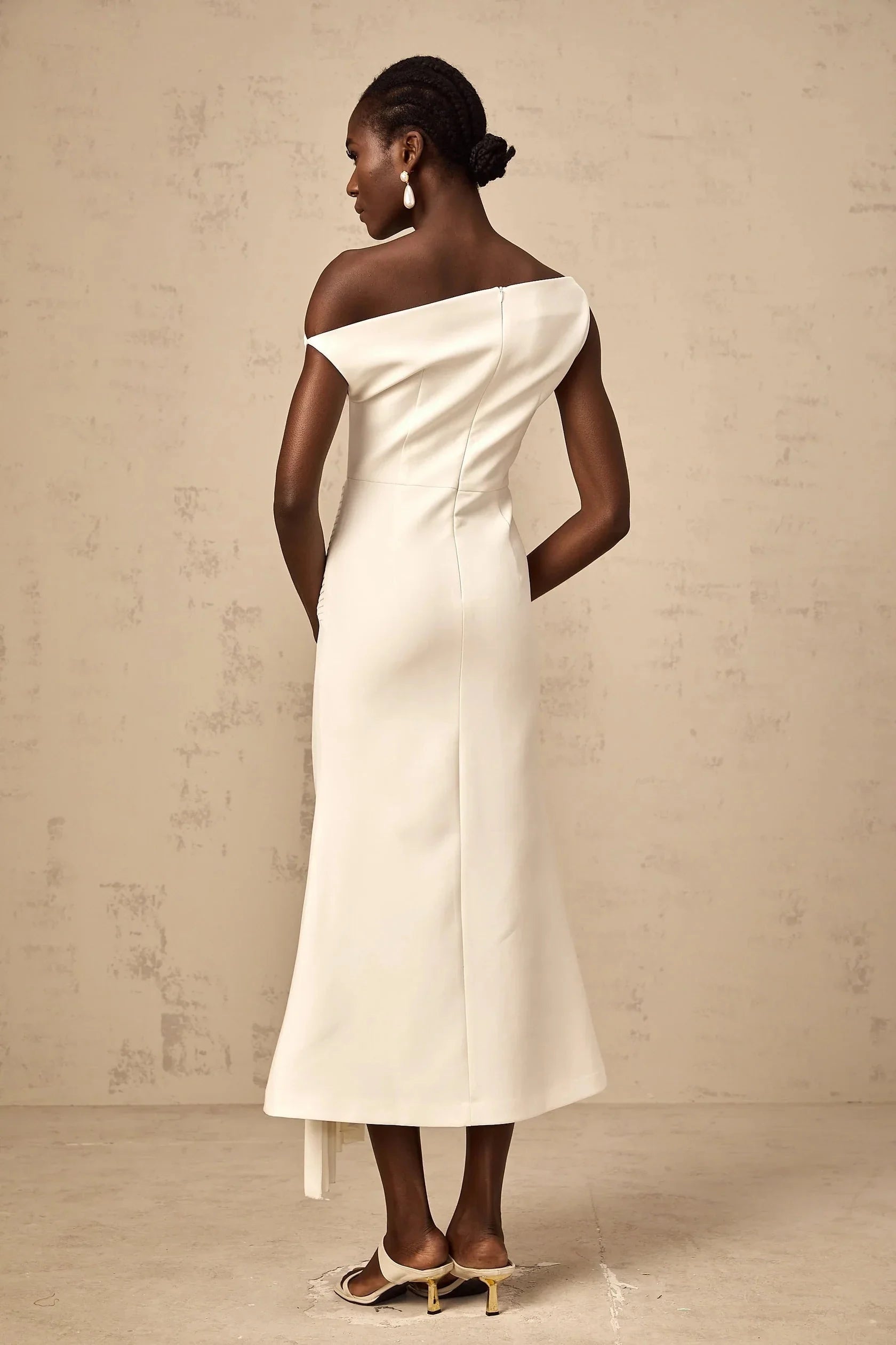 White One - Shoulder Pleated Midi Dress asymmetrical draped midi dress in White Evening Dress by YiHuiw