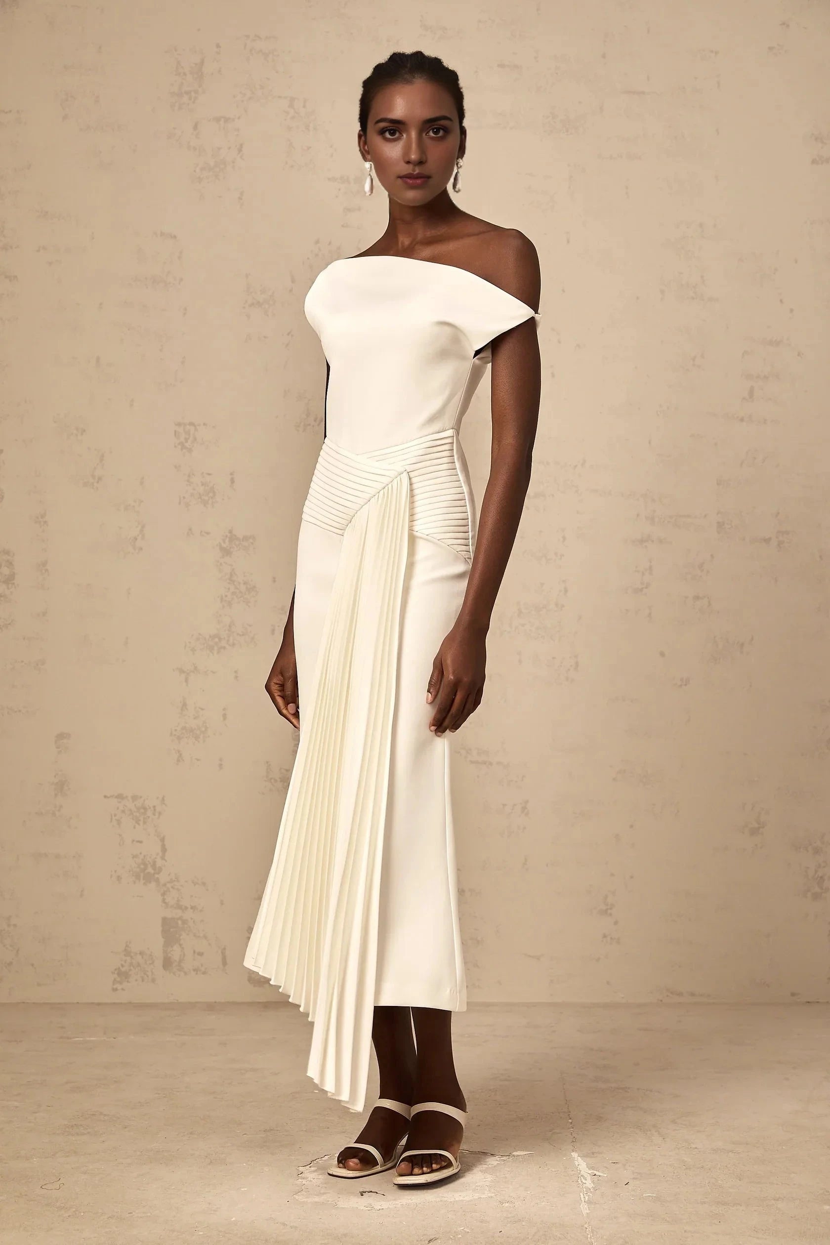 White One - Shoulder Pleated Midi Dress asymmetrical draped midi dress in White Evening Dress by YiHuiw