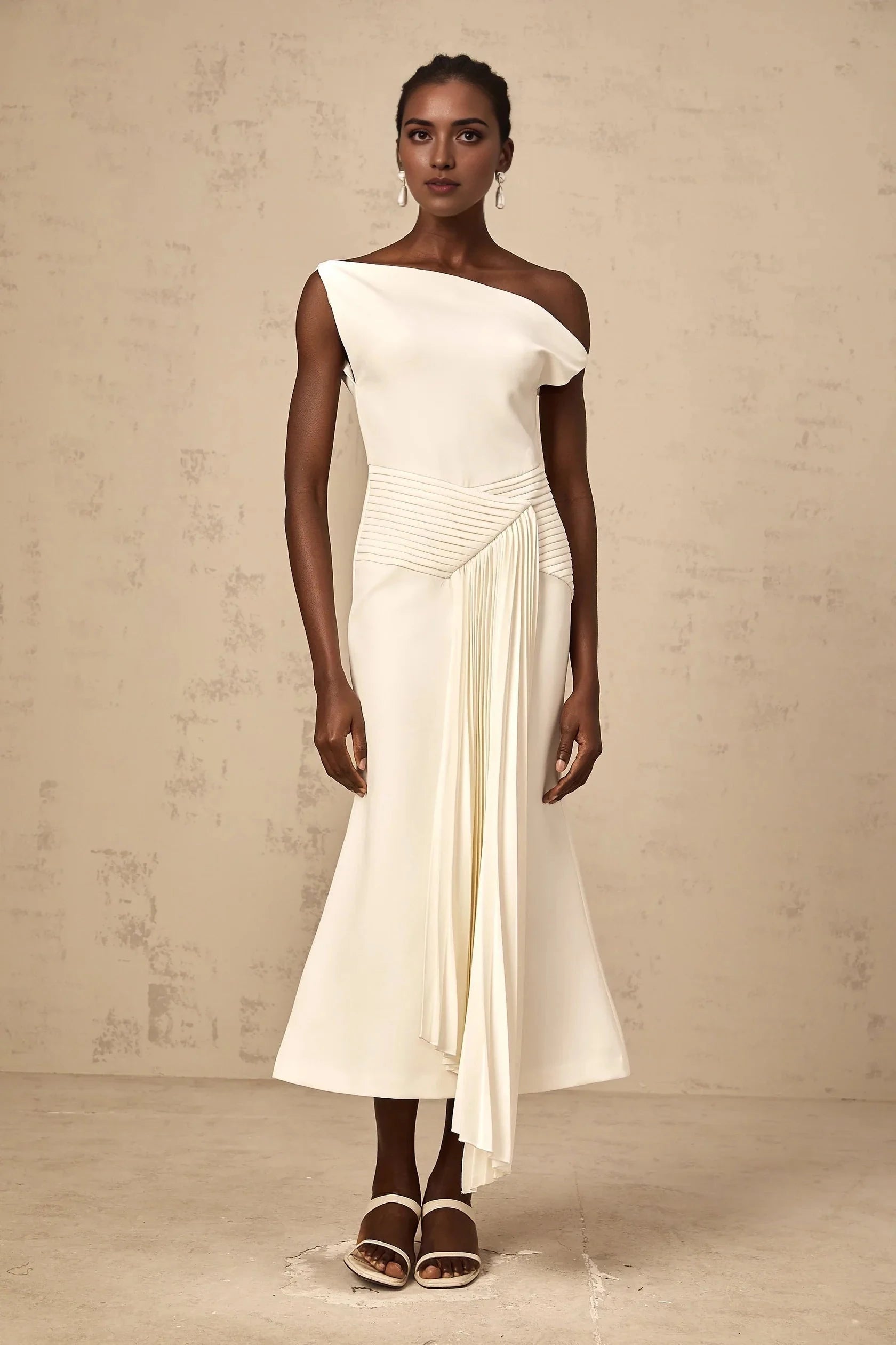 White One - Shoulder Pleated Midi Dress asymmetrical draped midi dress in White Evening Dress by YiHuiw