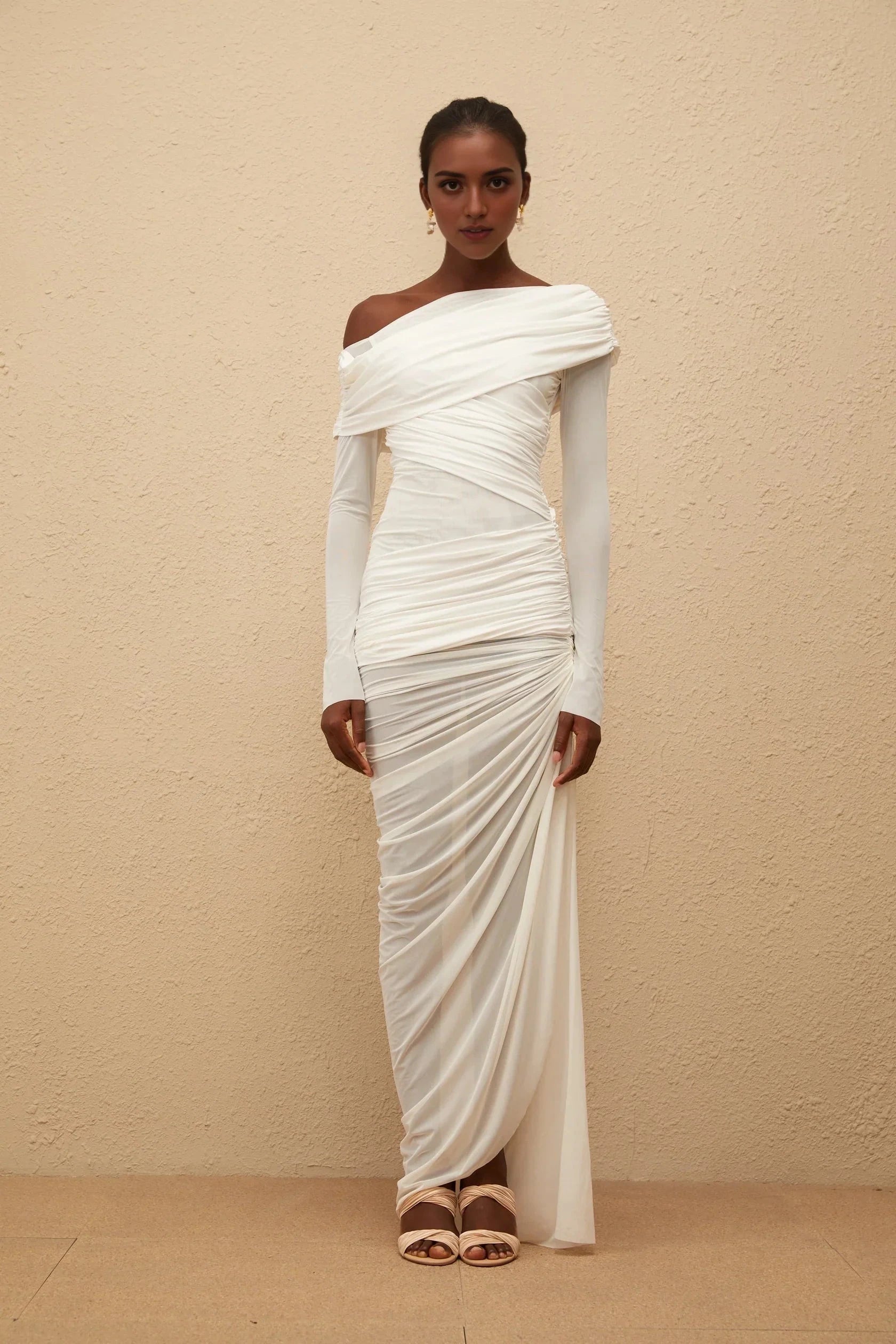 White One - Shoulder Ruched Long Sleeve Evening Gown White Asymmetrical Ruched Mesh Maxi Dress Evening Dress by YiHuiw