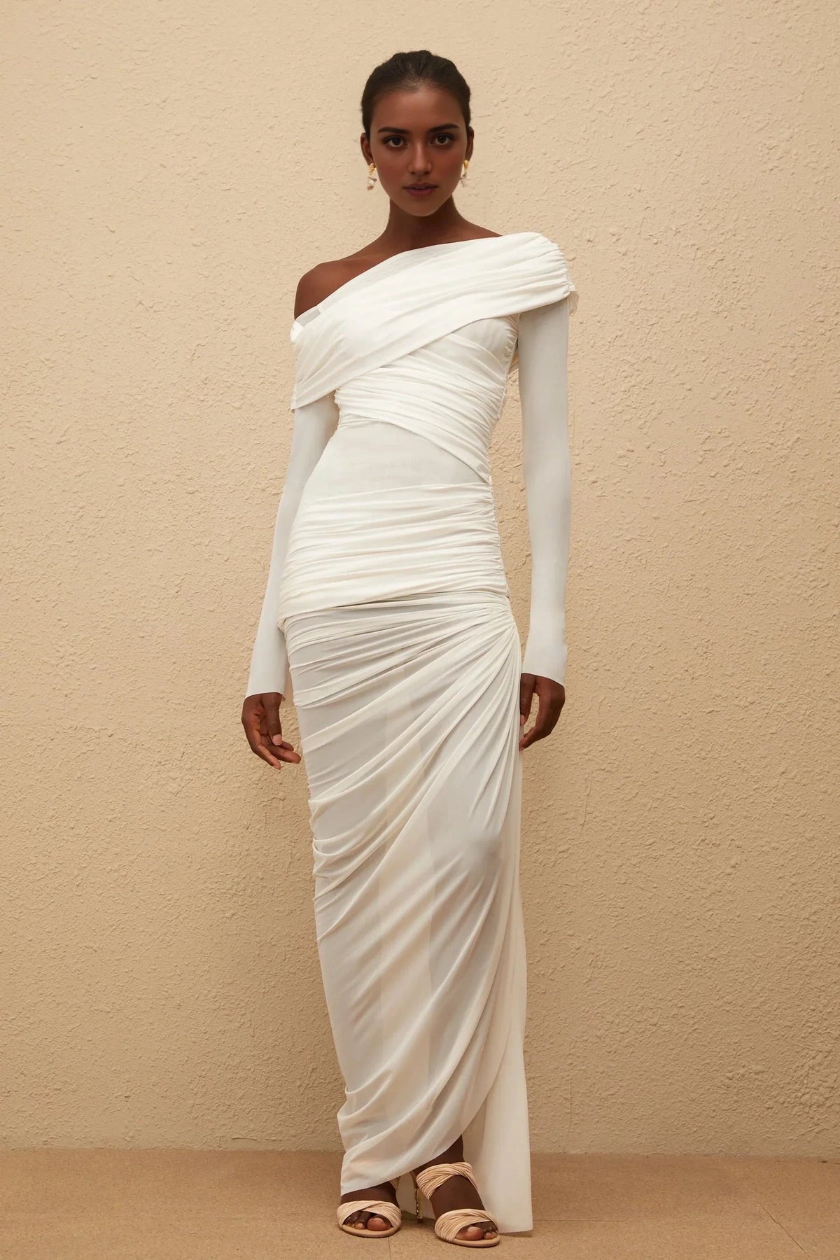 White One - Shoulder Ruched Long Sleeve Evening Gown White Asymmetrical Ruched Mesh Maxi Dress Evening Dress by YiHuiw