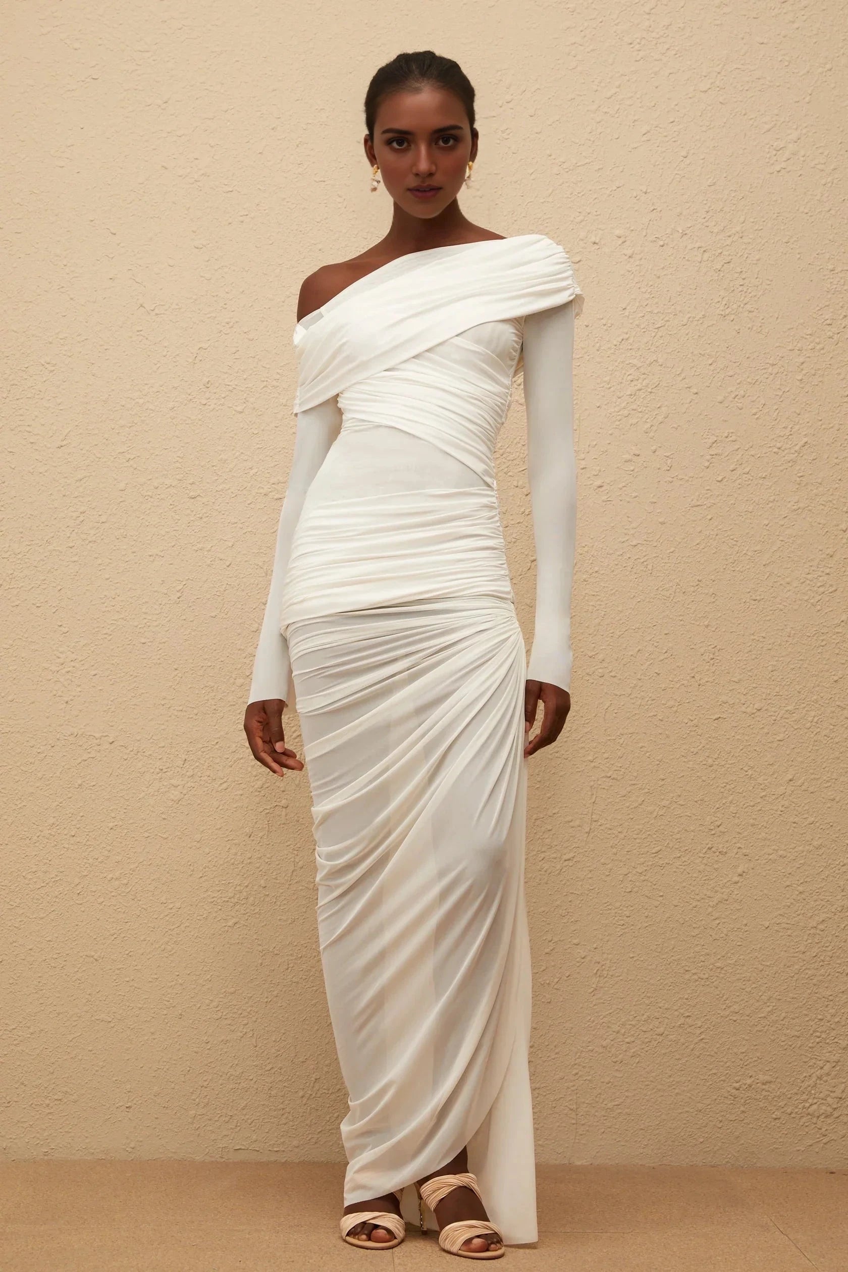 White One - Shoulder Ruched Long Sleeve Evening Gown White Asymmetrical Ruched Mesh Maxi Dress Evening Dress by YiHuiw