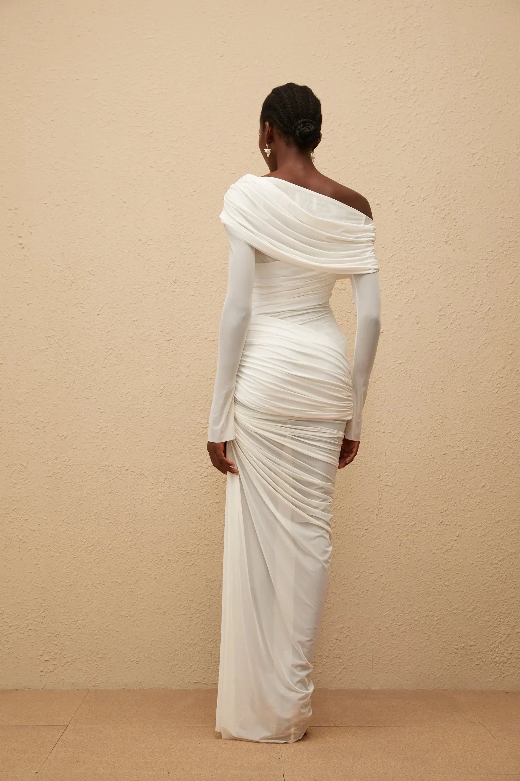 White One - Shoulder Ruched Long Sleeve Evening Gown White Asymmetrical Ruched Mesh Maxi Dress Evening Dress by YiHuiw