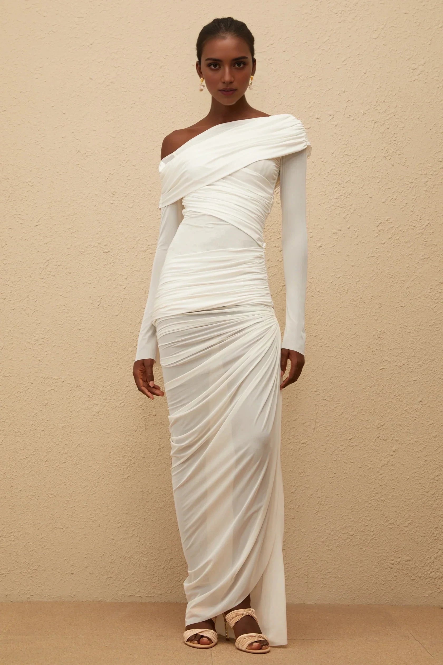 White One - Shoulder Ruched Long Sleeve Evening Gown White Asymmetrical Ruched Mesh Maxi Dress Evening Dress by YiHuiw