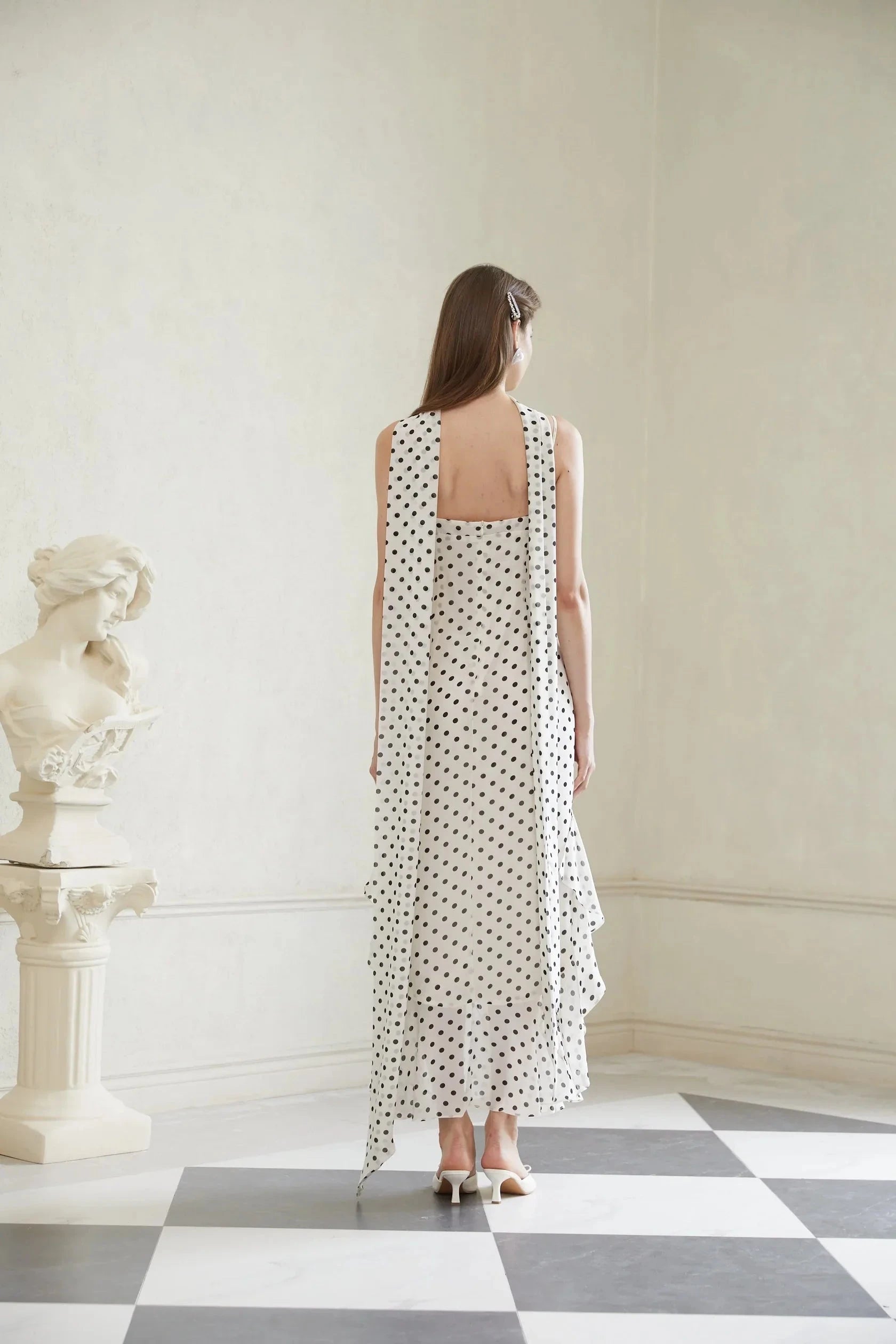 White Polka Dot Halter Neck Maxi Dress with Draped Detail Rhea White Polka Dot Ruffled Maxi Dress Evening Dress by YiHuiw