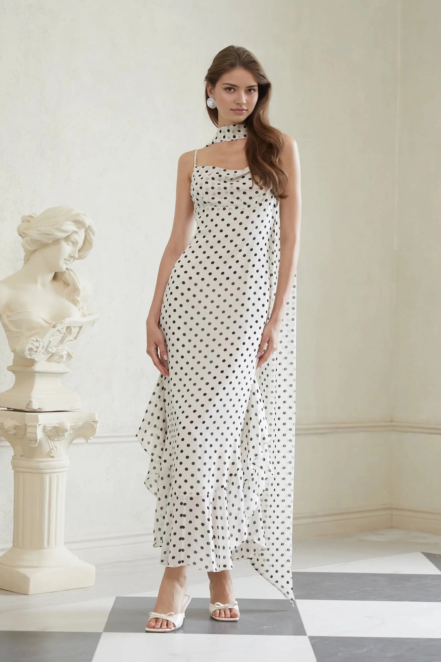White Polka Dot Halter Neck Maxi Dress with Draped Detail Rhea White Polka Dot Ruffled Maxi Dress Evening Dress by YiHuiw