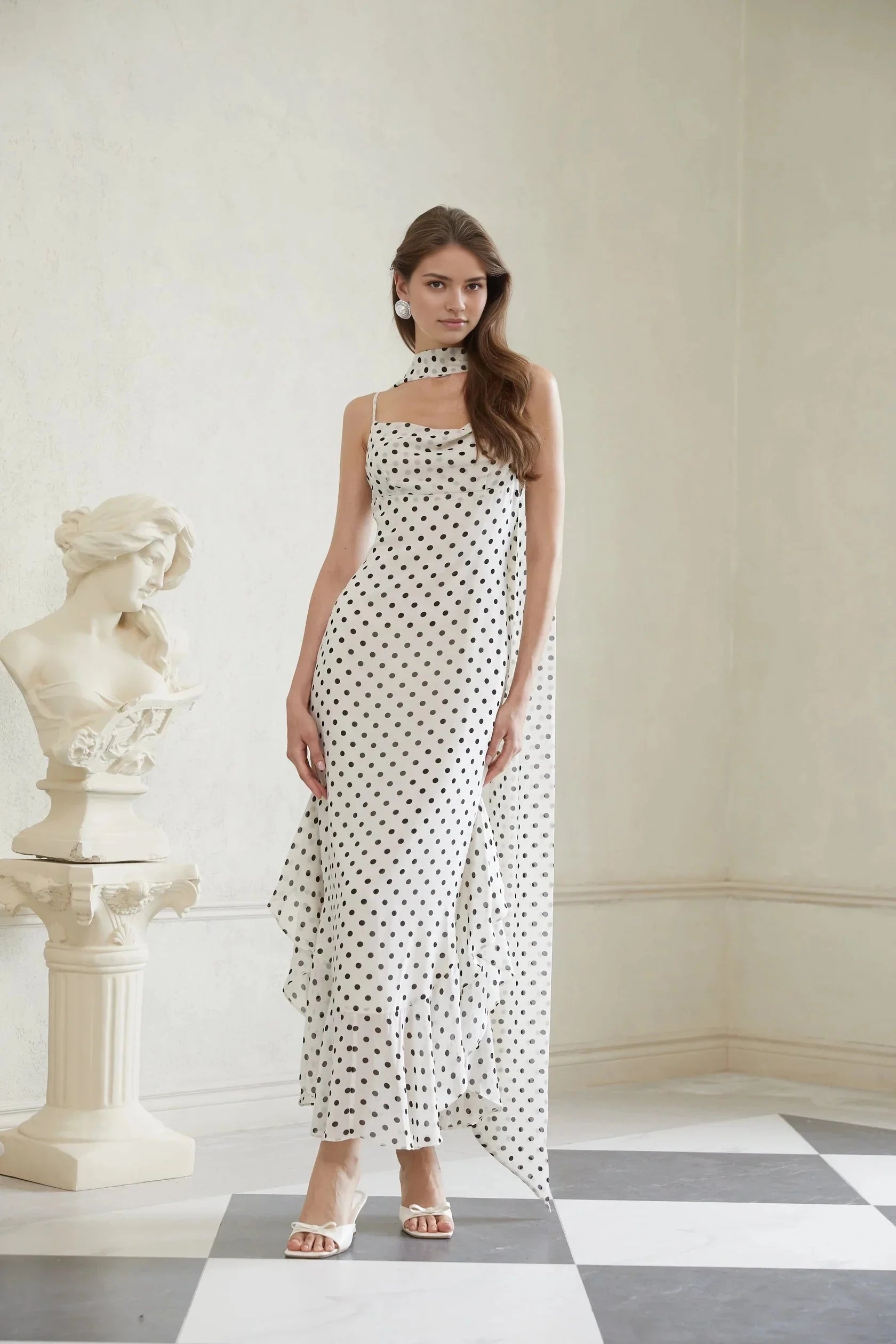 White Polka Dot Halter Neck Maxi Dress with Draped Detail Rhea White Polka Dot Ruffled Maxi Dress Evening Dress by YiHuiw
