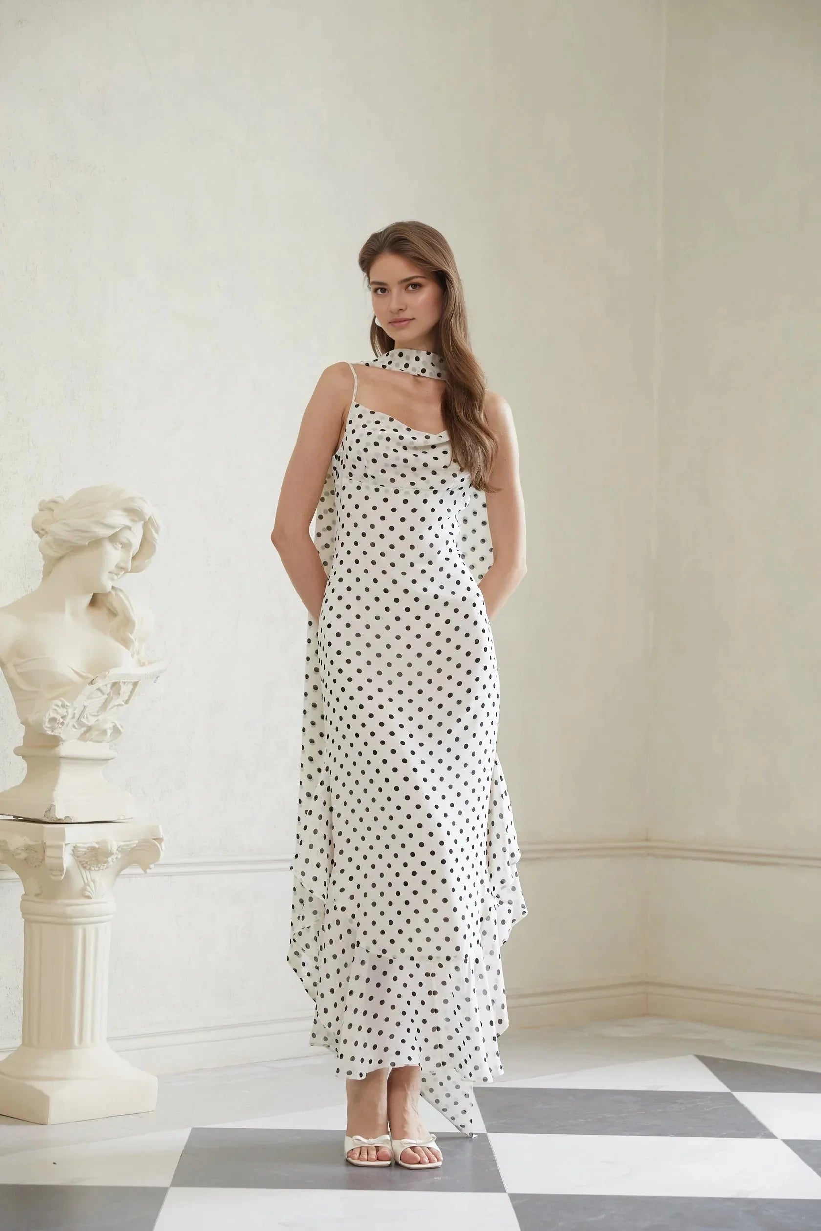 White Polka Dot Halter Neck Maxi Dress with Draped Detail Rhea White Polka Dot Ruffled Maxi Dress Evening Dress by YiHuiw