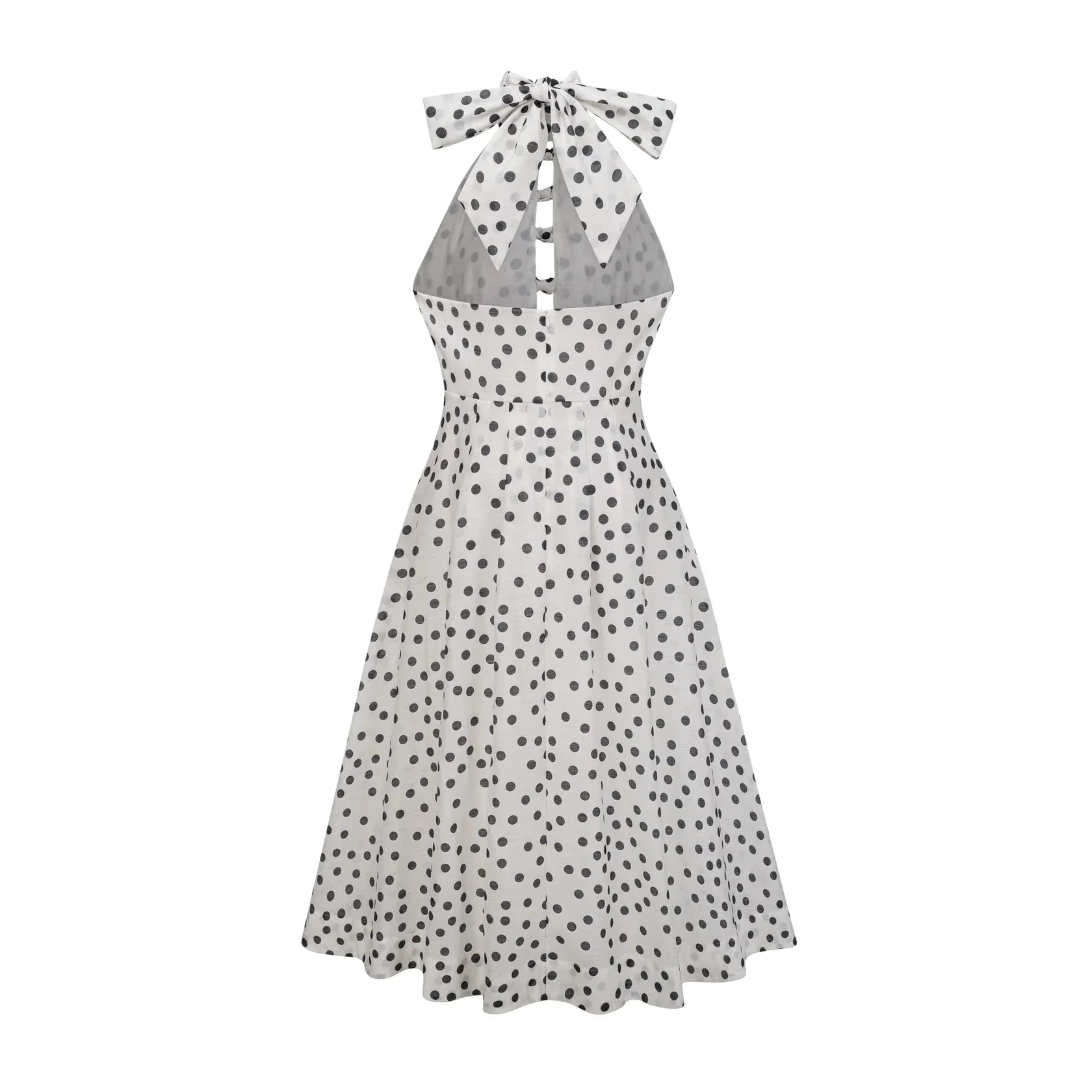 White Polka Dot Halter Neck Midi Dress with Tie - Back Audrey white bowknot polka-dot midi dress Evening Dress by YiHuiw