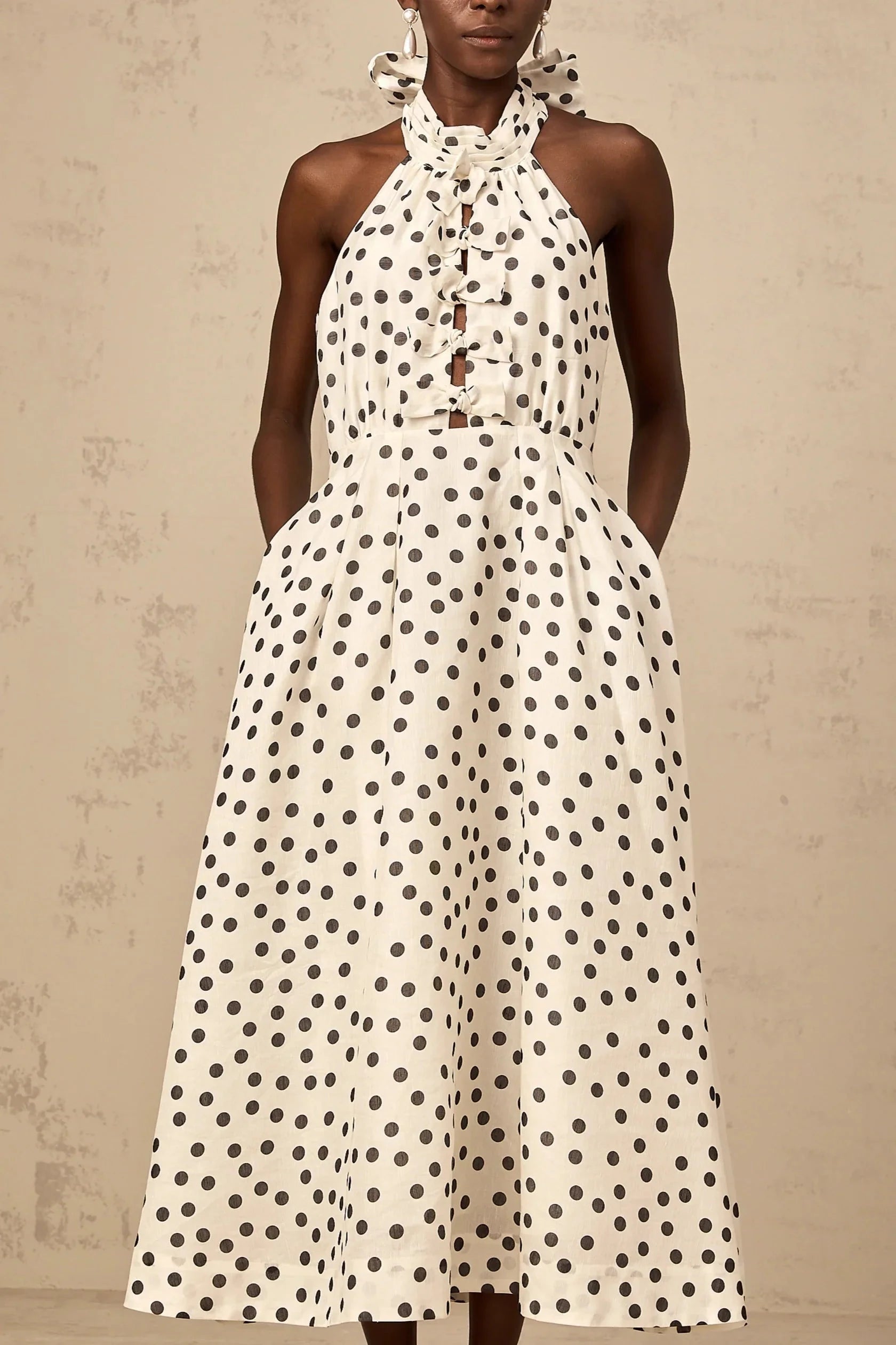 White Polka Dot Halter Neck Midi Dress with Tie - Back Audrey white bowknot polka-dot midi dress Evening Dress by YiHuiw