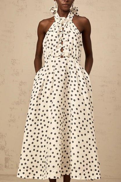 White Polka Dot Halter Neck Midi Dress with Tie - Back Audrey white bowknot polka-dot midi dress Evening Dress by YiHuiw