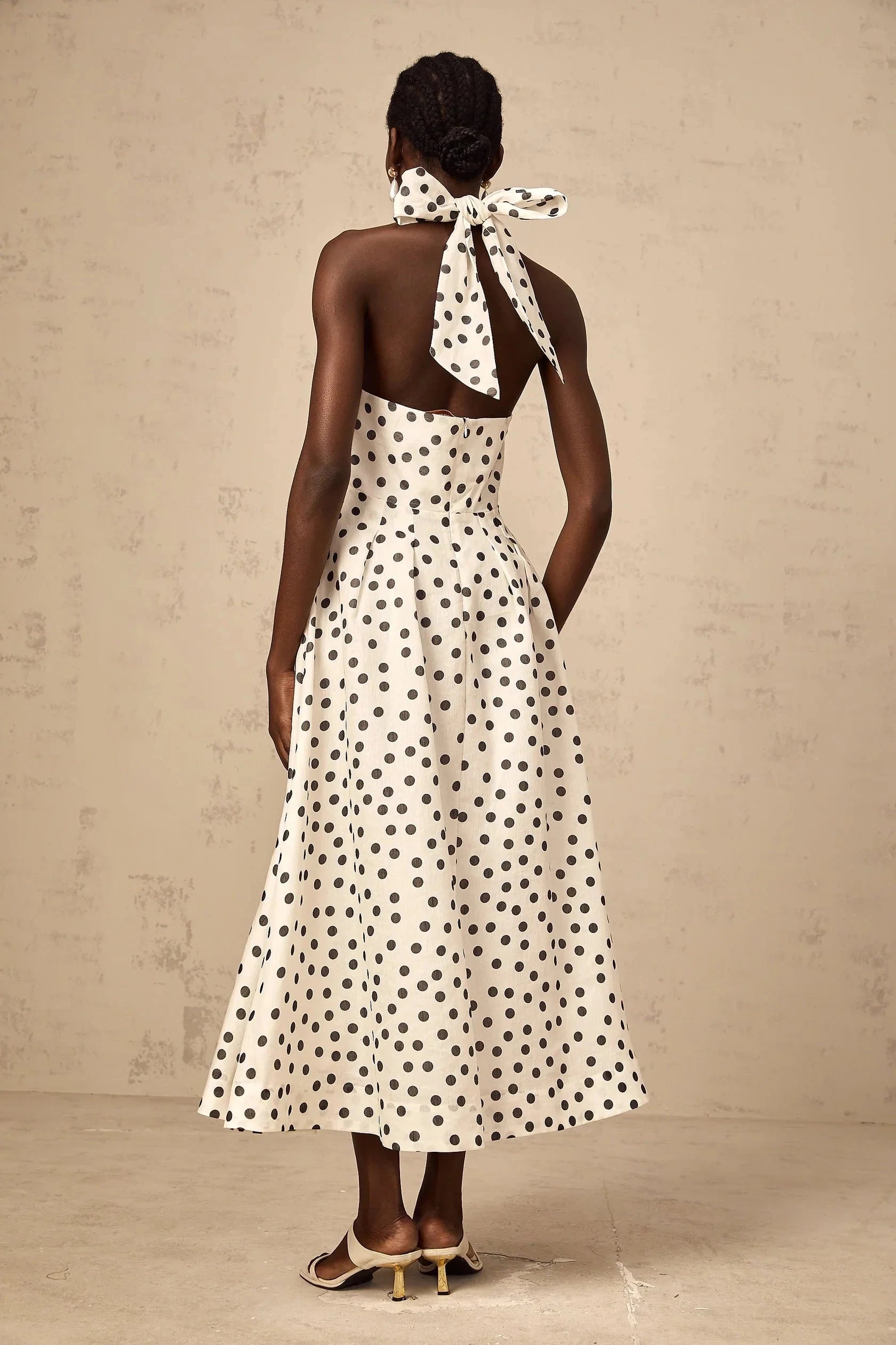 White Polka Dot Halter Neck Midi Dress with Tie - Back Audrey white bowknot polka-dot midi dress Evening Dress by YiHuiw