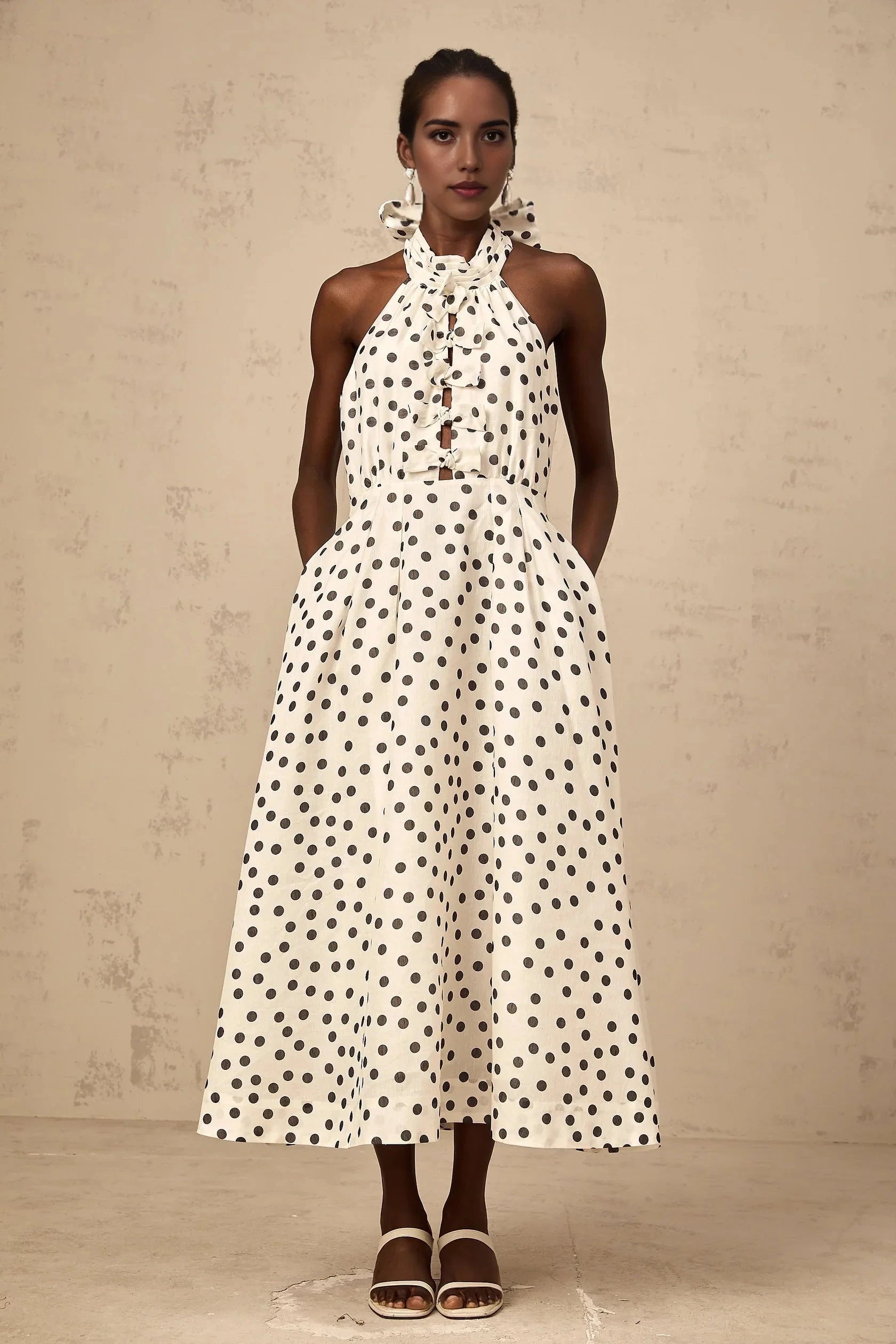 White Polka Dot Halter Neck Midi Dress with Tie - Back Audrey white bowknot polka-dot midi dress Evening Dress by YiHuiw