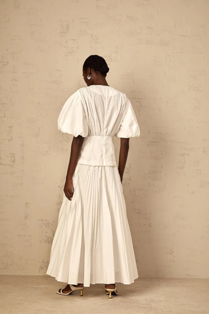 White Puff Sleeve Corset - Waist Maxi Dress Vienne White Lace-Up Pleated Maxi Dress Evening Dress by YiHuiw