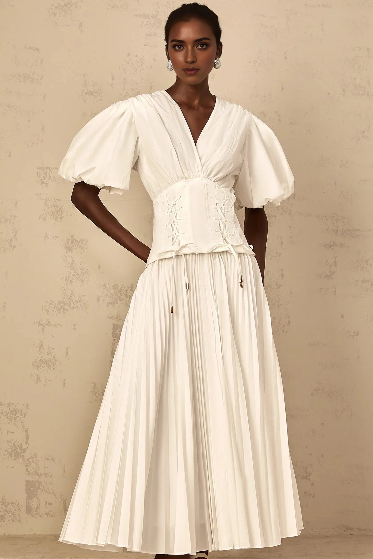 White Puff Sleeve Corset - Waist Maxi Dress Vienne White Lace-Up Pleated Maxi Dress Evening Dress by YiHuiw