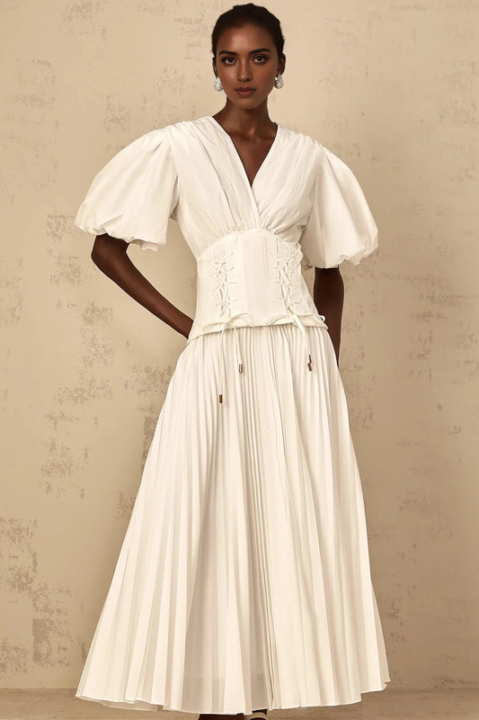 White Puff Sleeve Corset - Waist Maxi Dress Vienne White Lace-Up Pleated Maxi Dress Evening Dress by YiHuiw