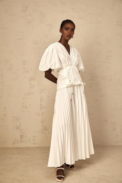 White Puff Sleeve Corset - Waist Maxi Dress Vienne White Lace-Up Pleated Maxi Dress Evening Dress by YiHuiw