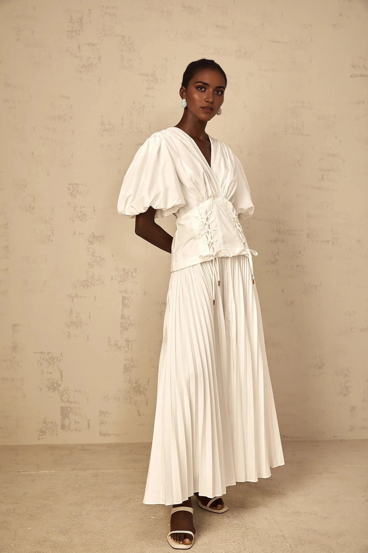White Puff Sleeve Corset - Waist Maxi Dress Vienne White Lace-Up Pleated Maxi Dress Evening Dress by YiHuiw