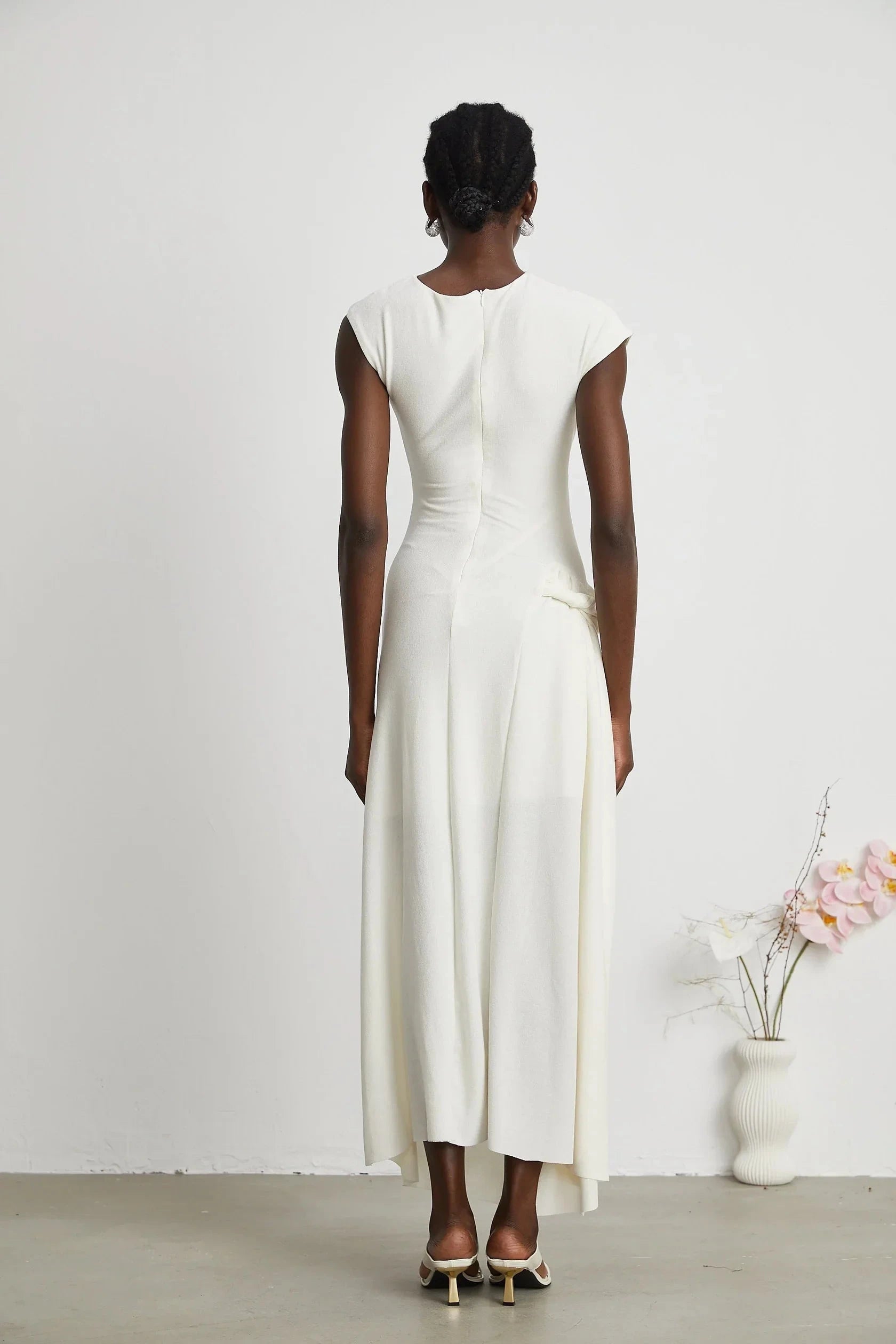 White Ruched Cap - Sleeve Maxi Dress jersey-knit draped maxi dress Evening Dress by YiHuiw