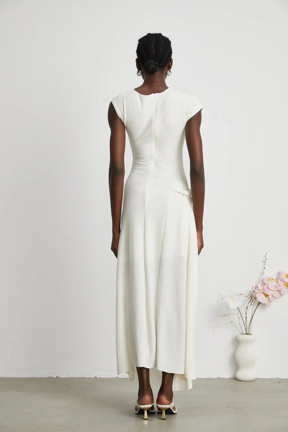 White Ruched Cap - Sleeve Maxi Dress jersey-knit draped maxi dress Evening Dress by YiHuiw