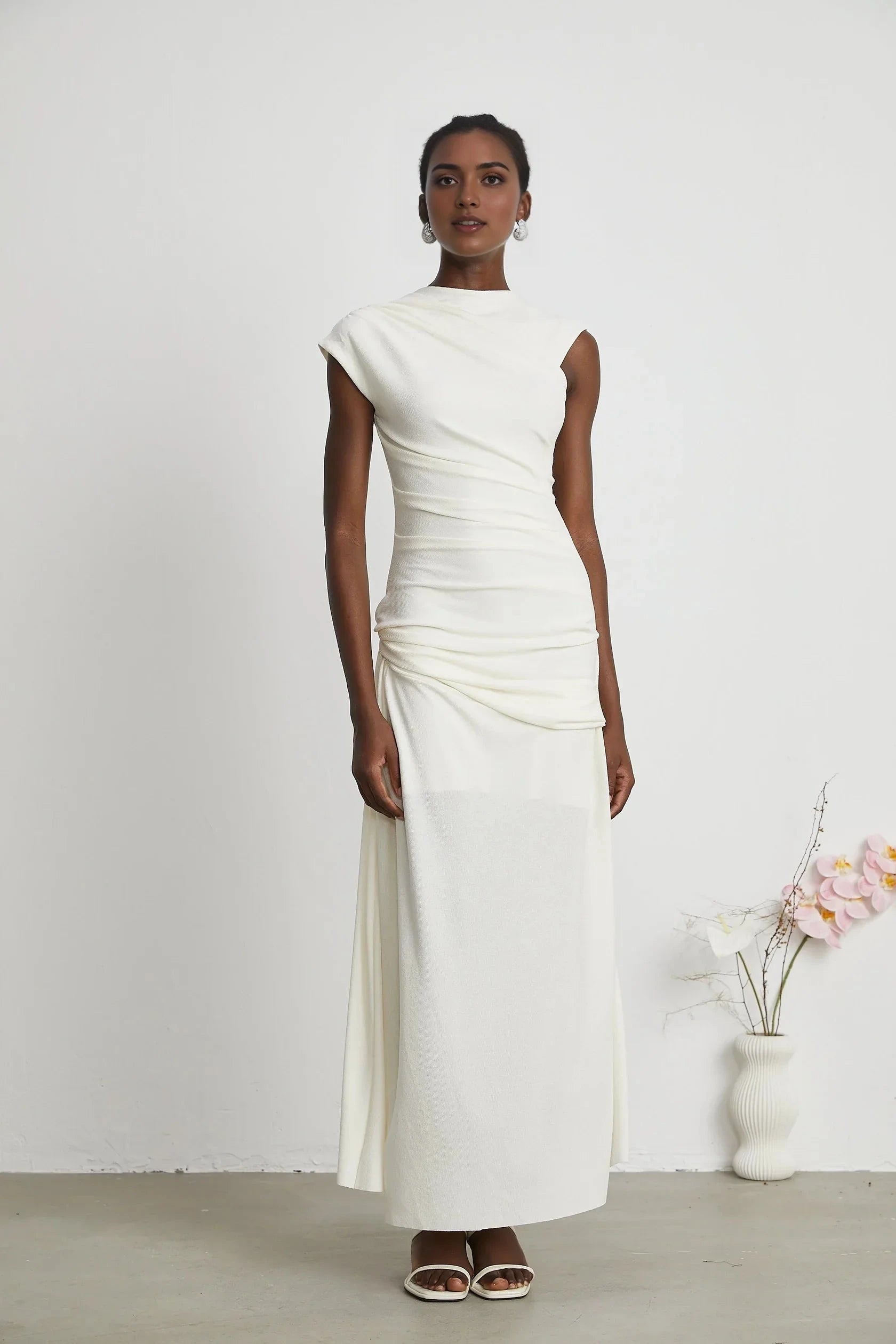 White Ruched Cap - Sleeve Maxi Dress jersey-knit draped maxi dress Evening Dress by YiHuiw