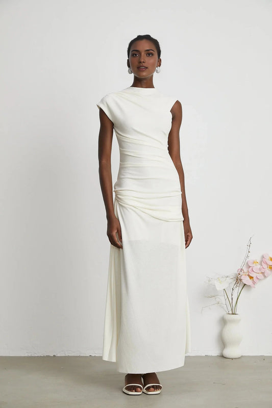 White Ruched Cap - Sleeve Maxi Dress jersey-knit draped maxi dress Evening Dress by YiHuiw