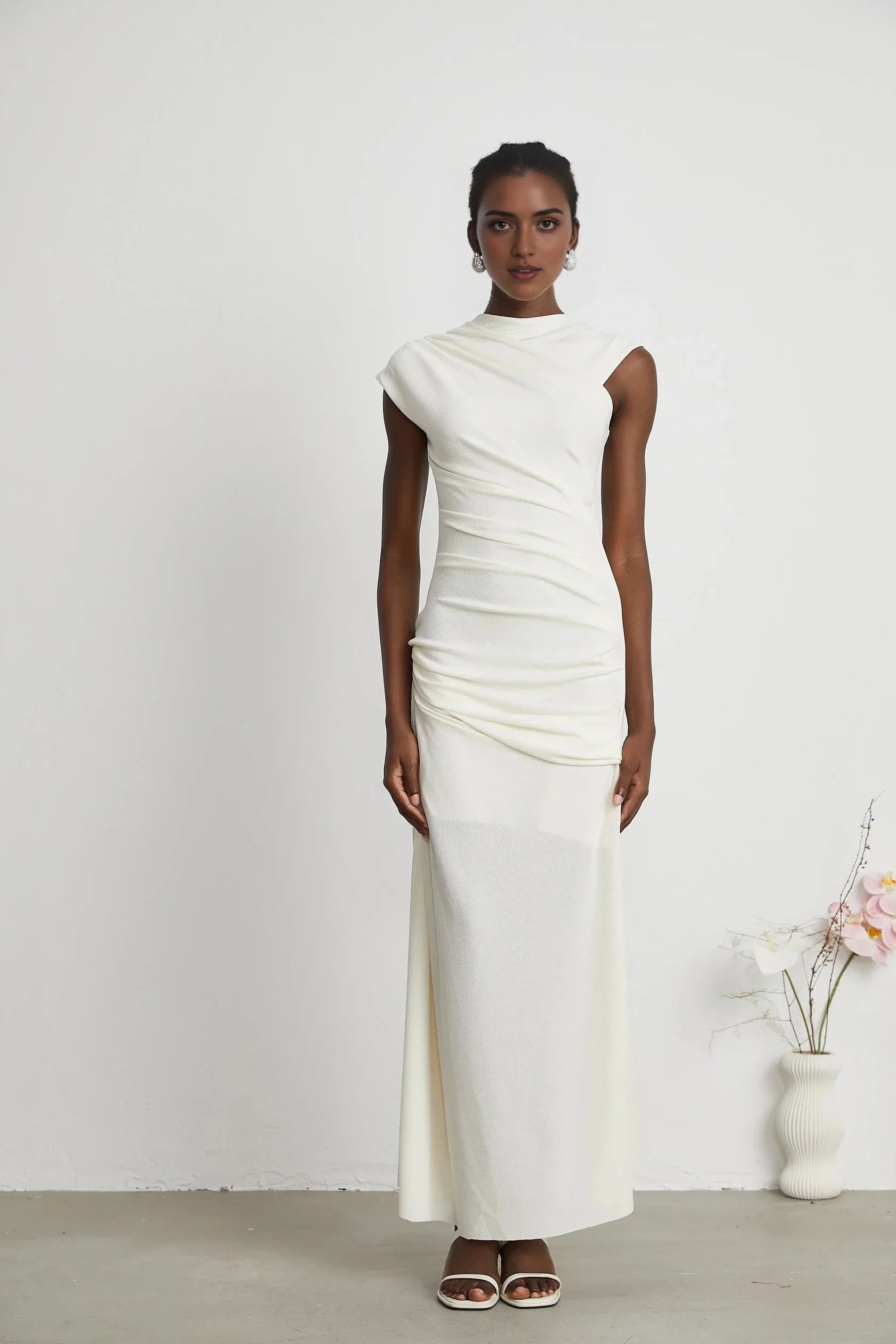 White Ruched Cap - Sleeve Maxi Dress jersey-knit draped maxi dress Evening Dress by YiHuiw