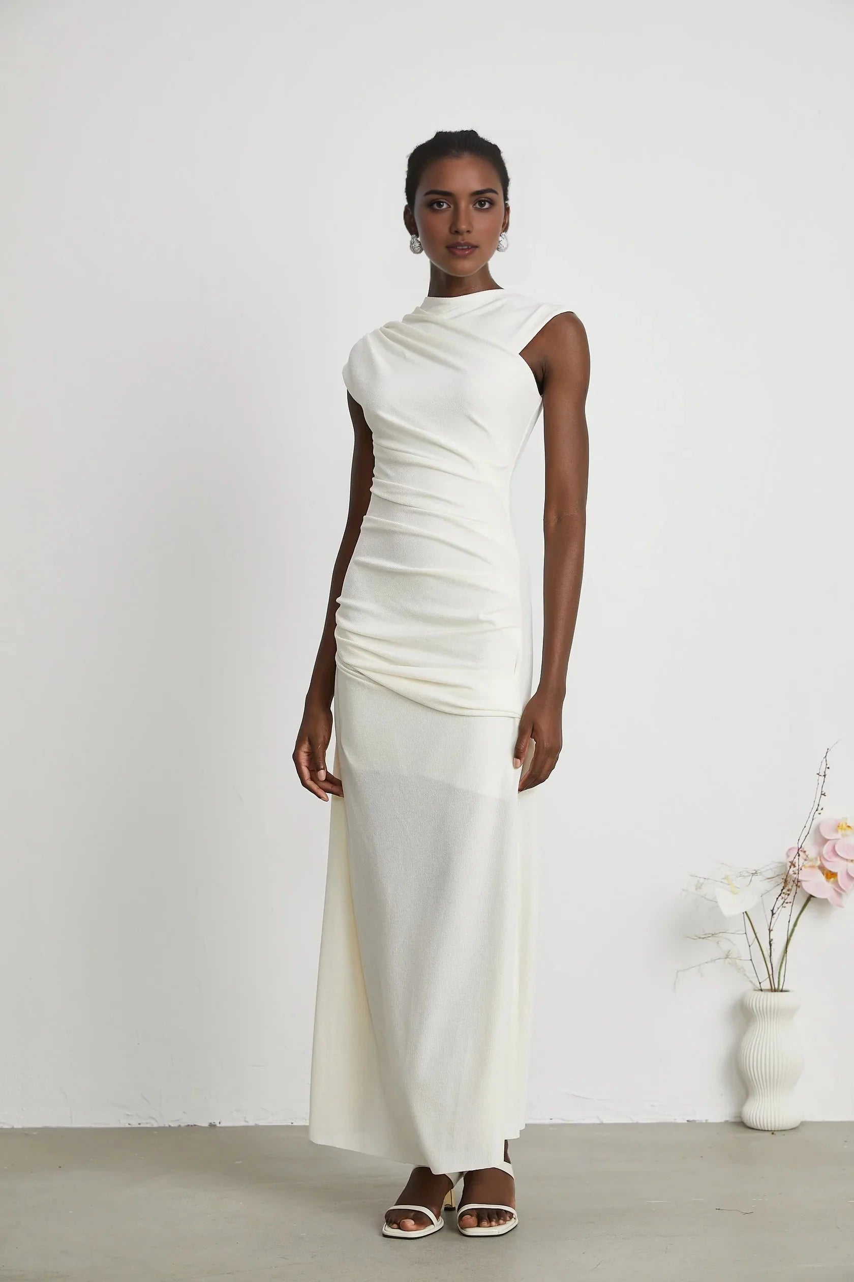 White Ruched Cap - Sleeve Maxi Dress jersey-knit draped maxi dress Evening Dress by YiHuiw
