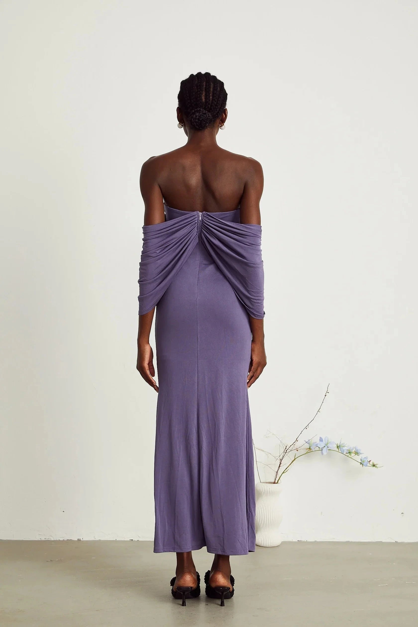 White Ruffled Lace Sleeveless Maxi Dress purple ruched midi dress Evening Dress by YiHuiw
