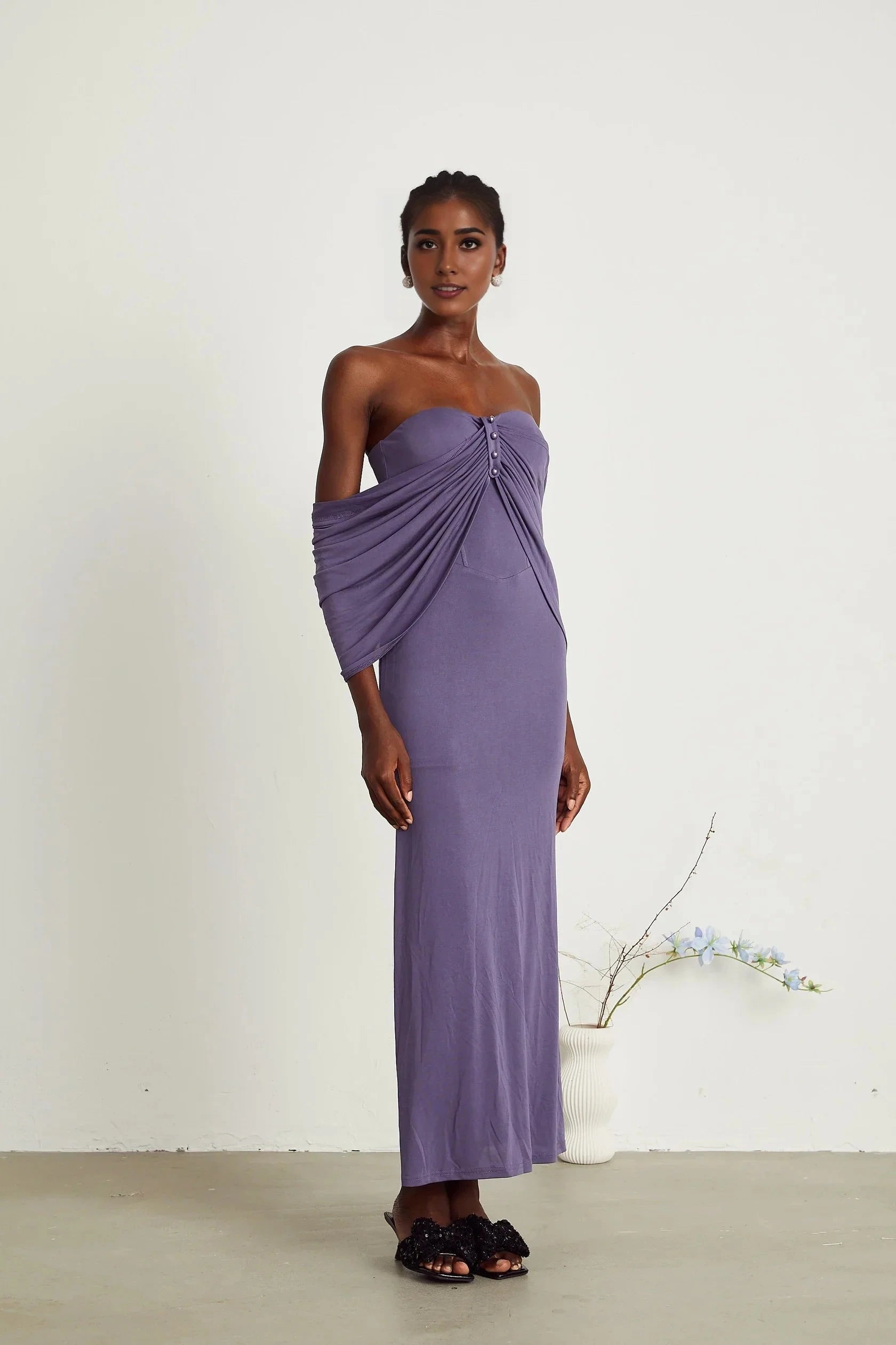 White Ruffled Lace Sleeveless Maxi Dress purple ruched midi dress Evening Dress by YiHuiw