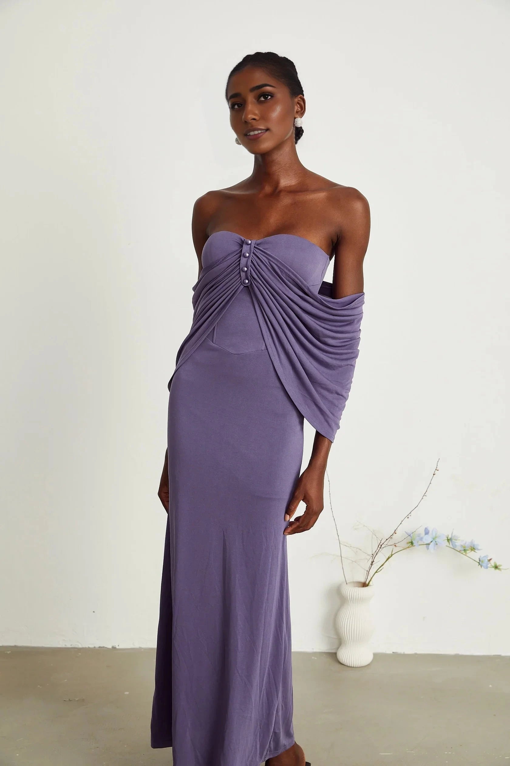 White Ruffled Lace Sleeveless Maxi Dress purple ruched midi dress Evening Dress by YiHuiw