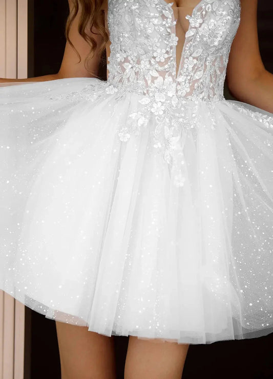 White Sequin Floral Appliqué Tulle Mini Dress Incanto White Mini Dress Homecoming Dresses by YiHuiw