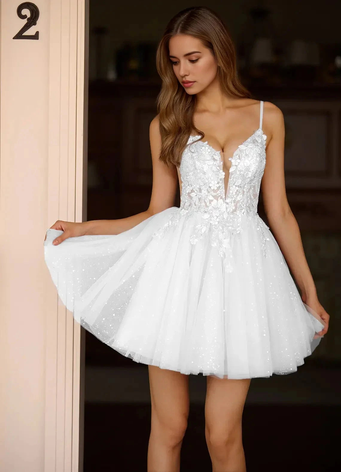 White Sequin Floral Appliqué Tulle Mini Dress Incanto White Mini Dress Homecoming Dresses by YiHuiw