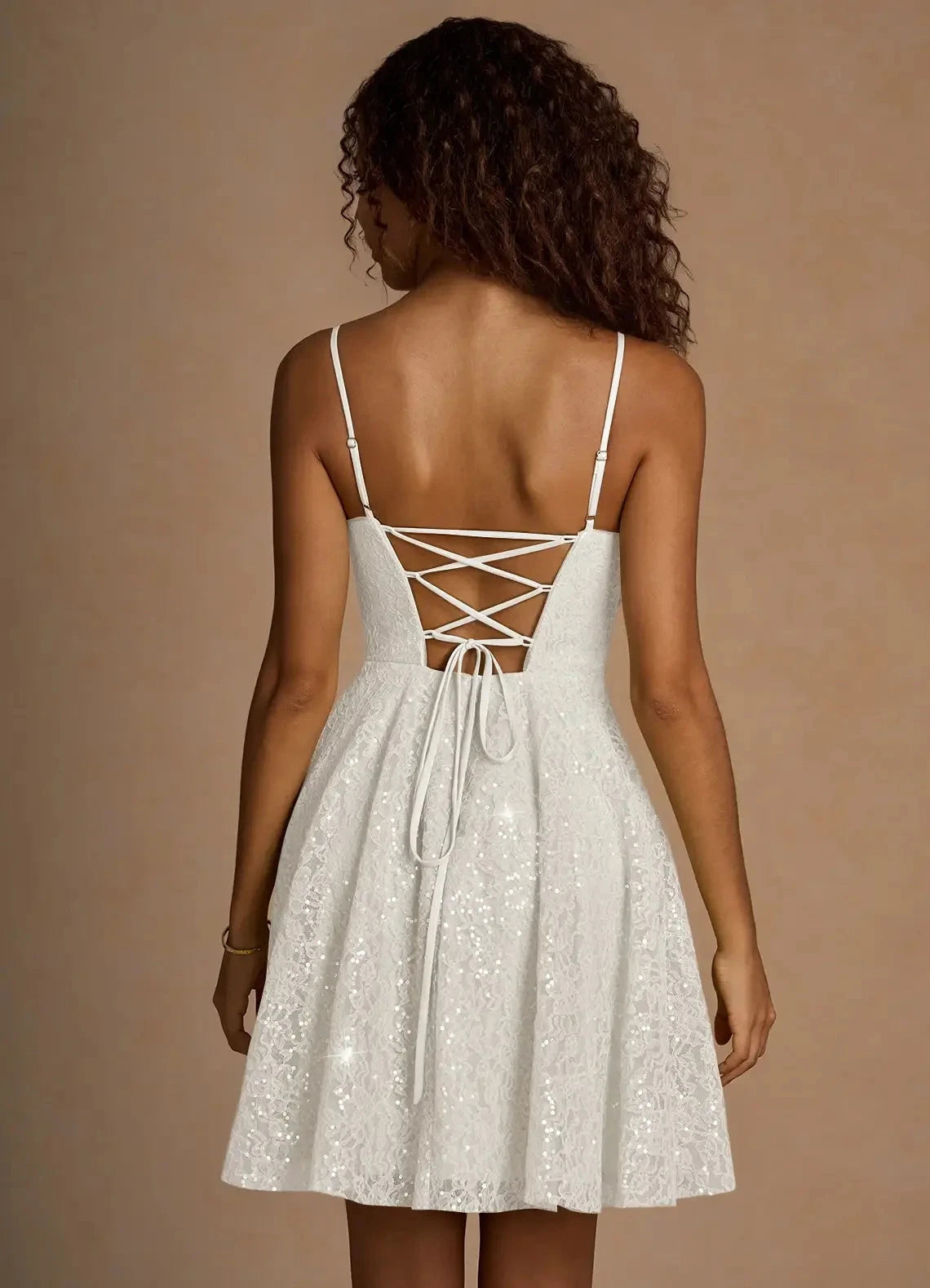 White Sequin Lace Mini Dress with Criss - Cross Back White Sequin Lace Mini Dress with Criss - Cross Back Homecoming Dresses by YiHuiw
