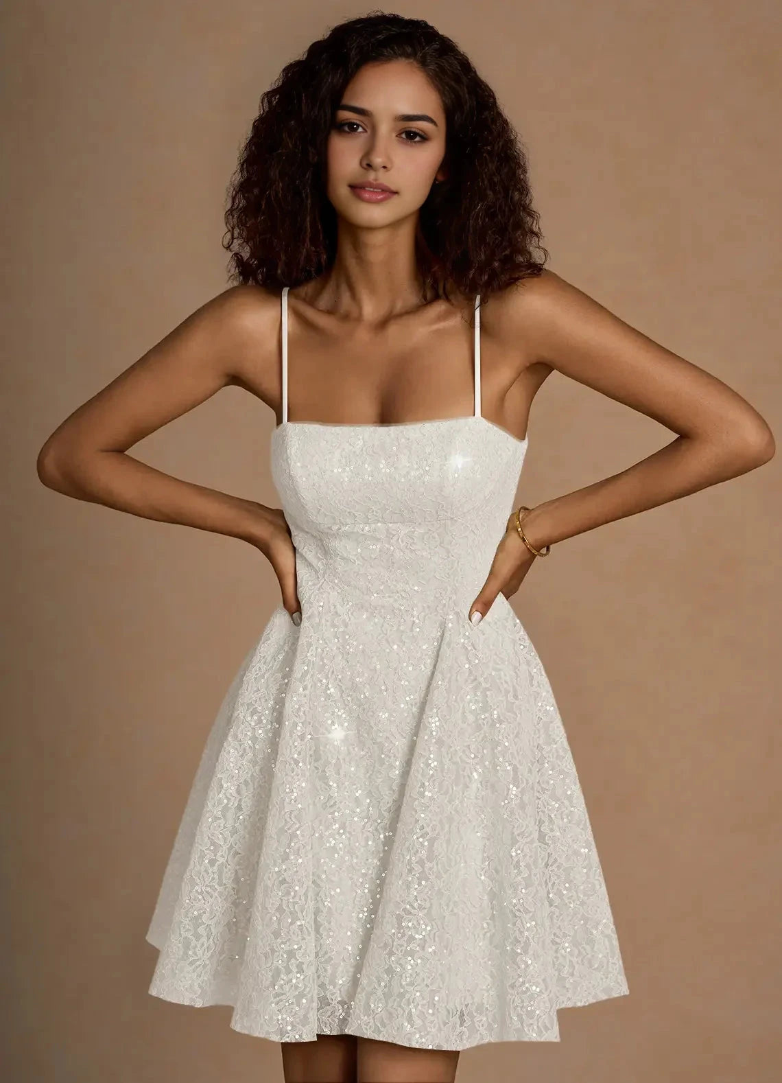 White Sequin Lace Mini Dress with Criss - Cross Back White Sequin Lace Mini Dress with Criss - Cross Back Homecoming Dresses by YiHuiw