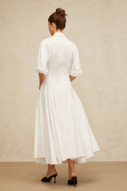 White Shirt Collar Midi Dress with Flared Skirt white front-slit shirred shirt dress Evening Dress by YiHuiw