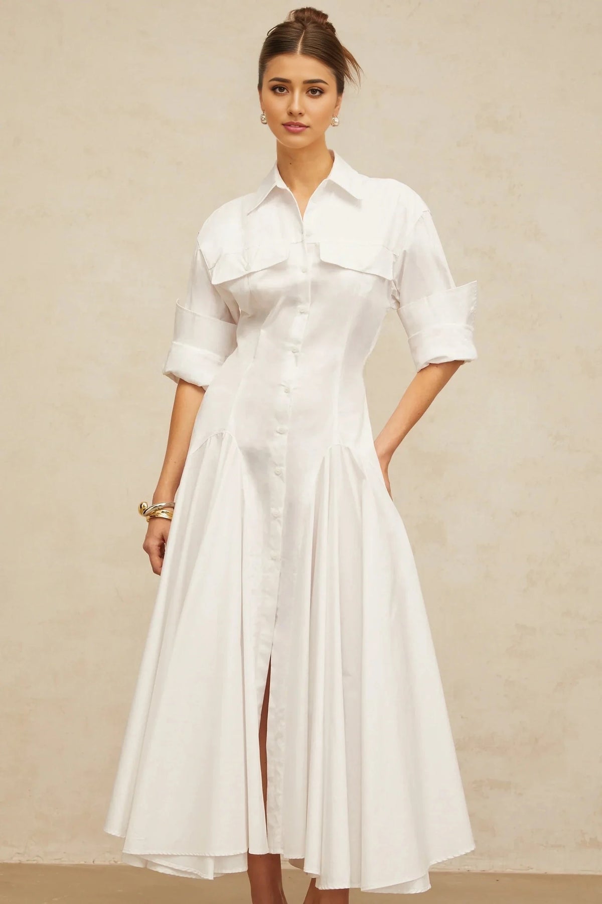 White Shirt Collar Midi Dress with Flared Skirt white front-slit shirred shirt dress Evening Dress by YiHuiw