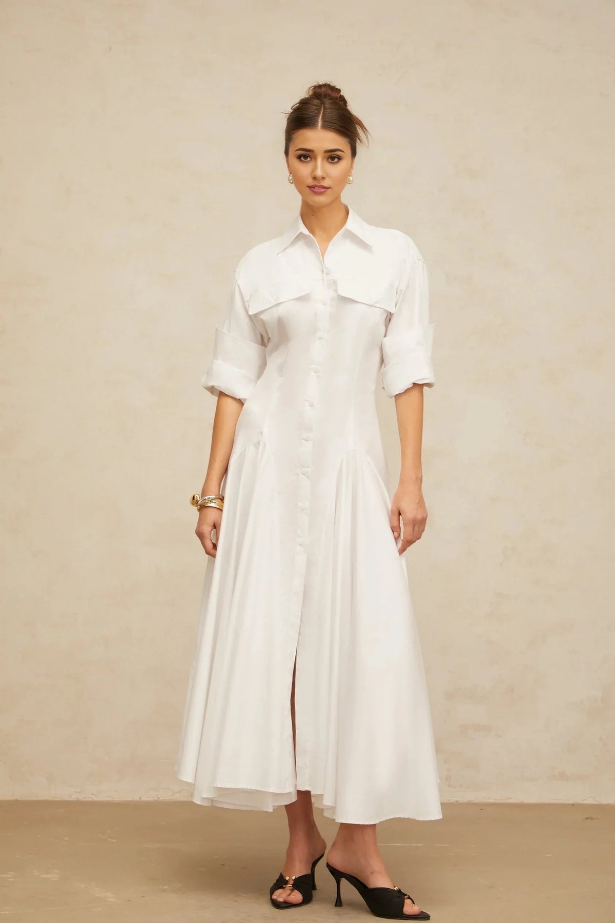 White Shirt Collar Midi Dress with Flared Skirt white front-slit shirred shirt dress Evening Dress by YiHuiw