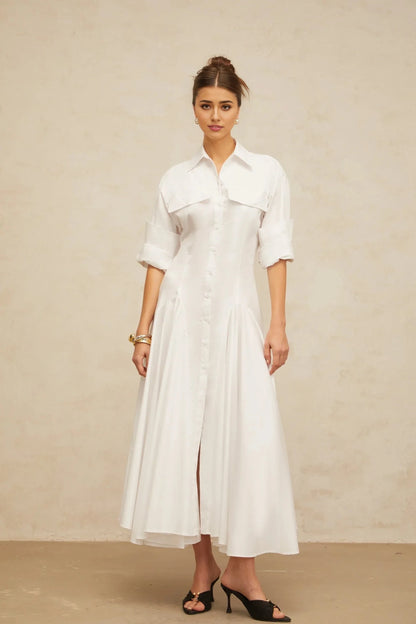 White Shirt Collar Midi Dress with Flared Skirt white front-slit shirred shirt dress Evening Dress by YiHuiw