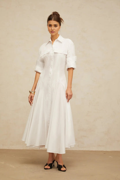 White Shirt Collar Midi Dress with Flared Skirt white front-slit shirred shirt dress Evening Dress by YiHuiw
