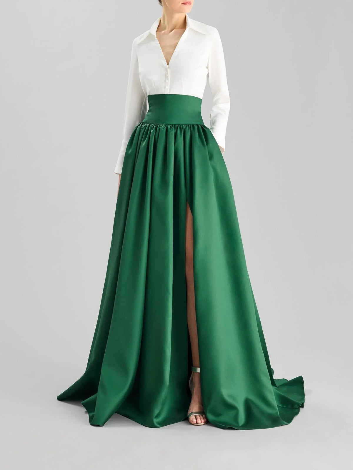 White Shirt with Emerald Green Satin Maxi Skirt Set Long-sleeve A-line party dress in Mikado Mother of the Bride Dresses by YiHuiw