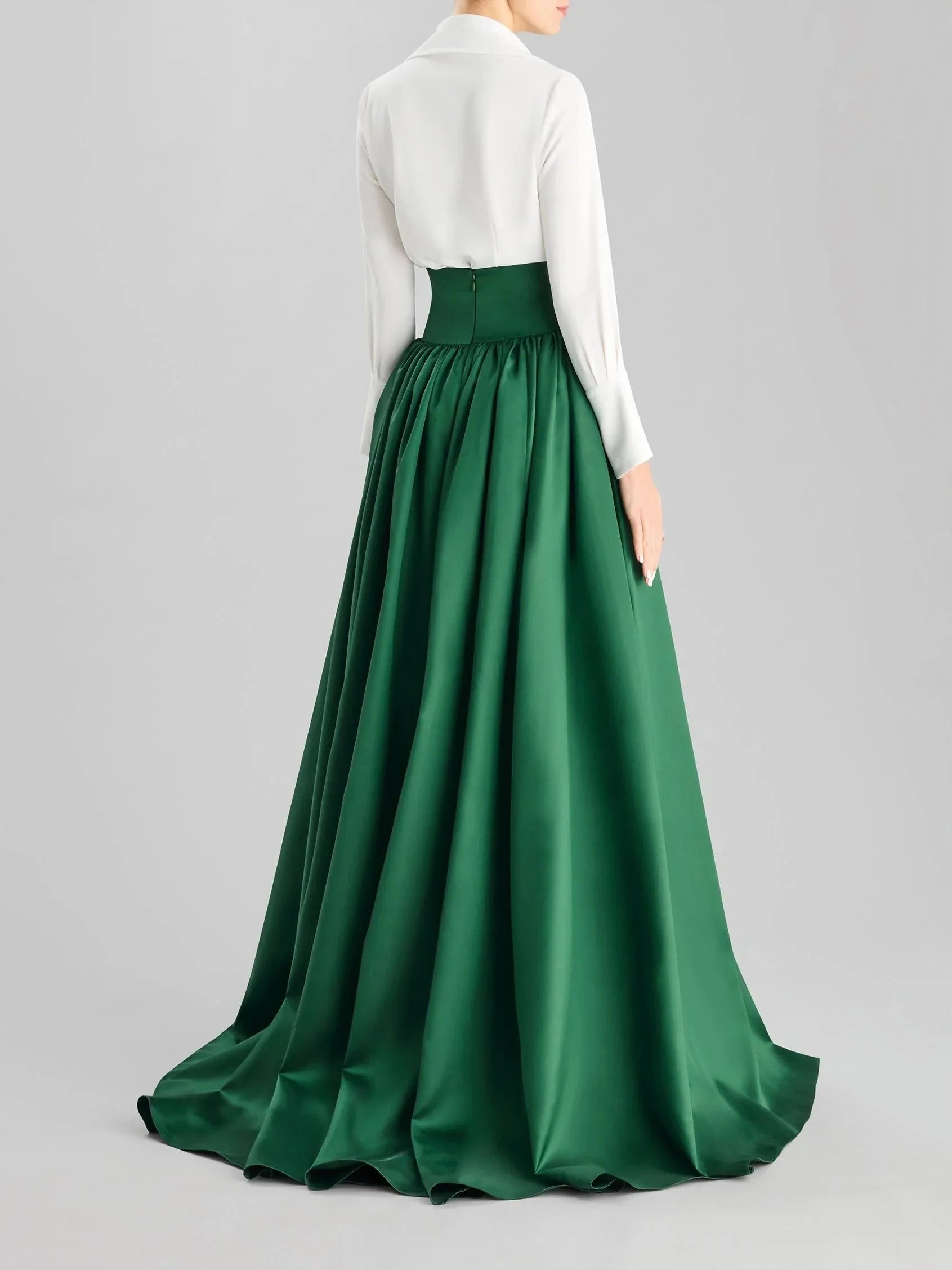 White Shirt with Emerald Green Satin Maxi Skirt Set Long-sleeve A-line party dress in Mikado Mother of the Bride Dresses by YiHuiw