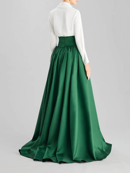 White Shirt with Emerald Green Satin Maxi Skirt Set Long-sleeve A-line party dress in Mikado Mother of the Bride Dresses by YiHuiw