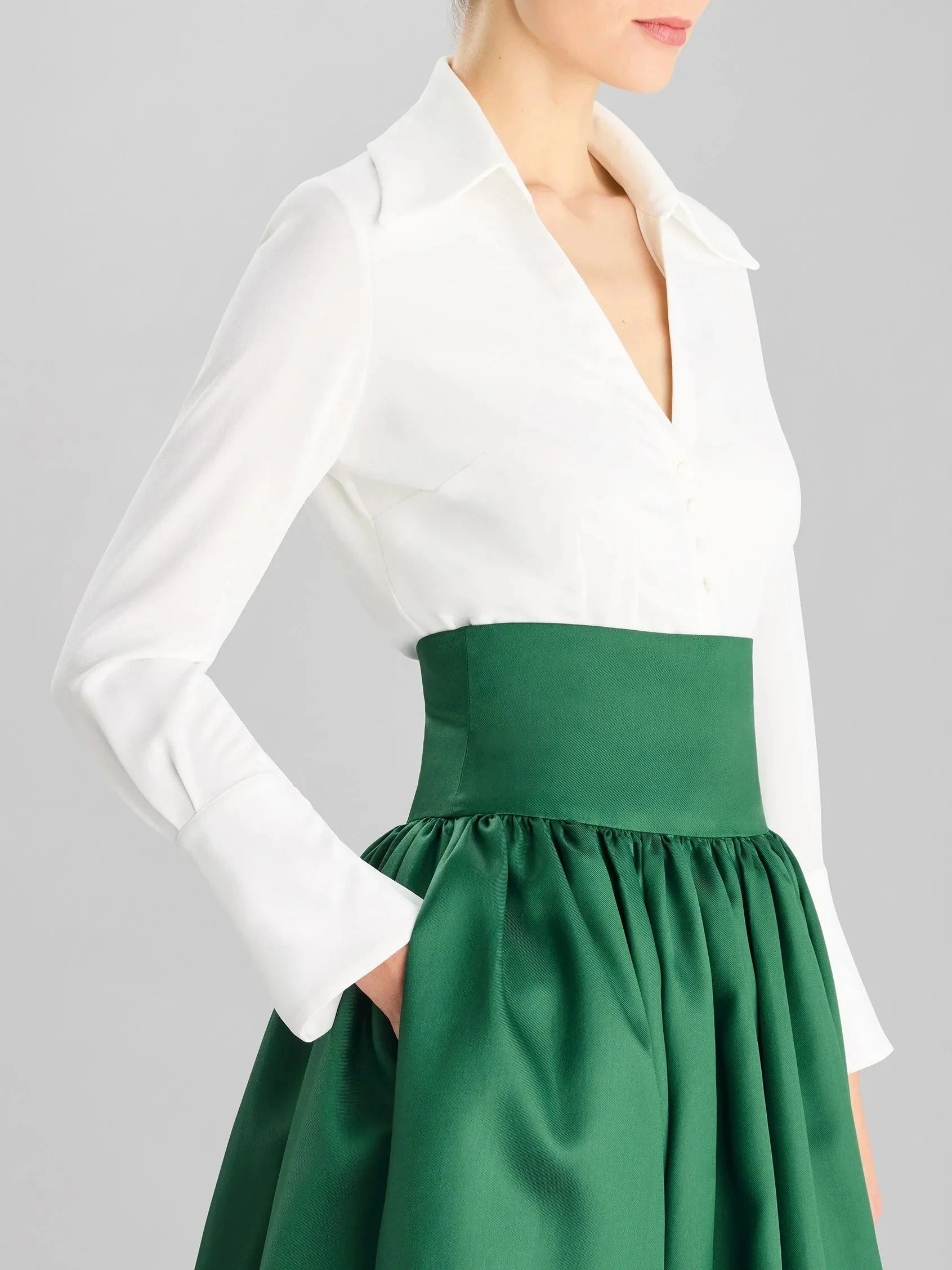White Shirt with Emerald Green Satin Maxi Skirt Set Long-sleeve A-line party dress in Mikado Mother of the Bride Dresses by YiHuiw
