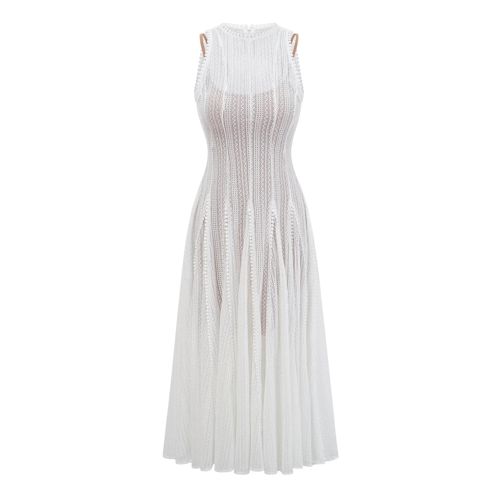 White Sleeveless Lace Midi Dress with Textured Detailing white pointelle puff midi dress Evening Dress by YiHuiw
