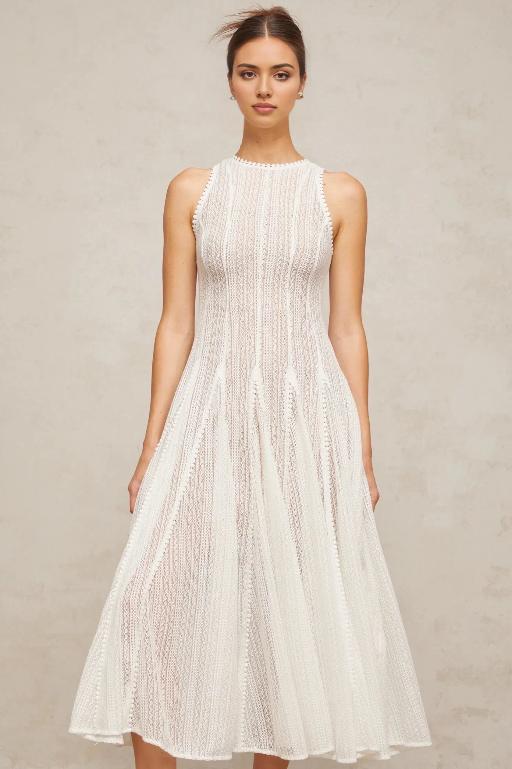 White Sleeveless Lace Midi Dress with Textured Detailing white pointelle puff midi dress Evening Dress by YiHuiw