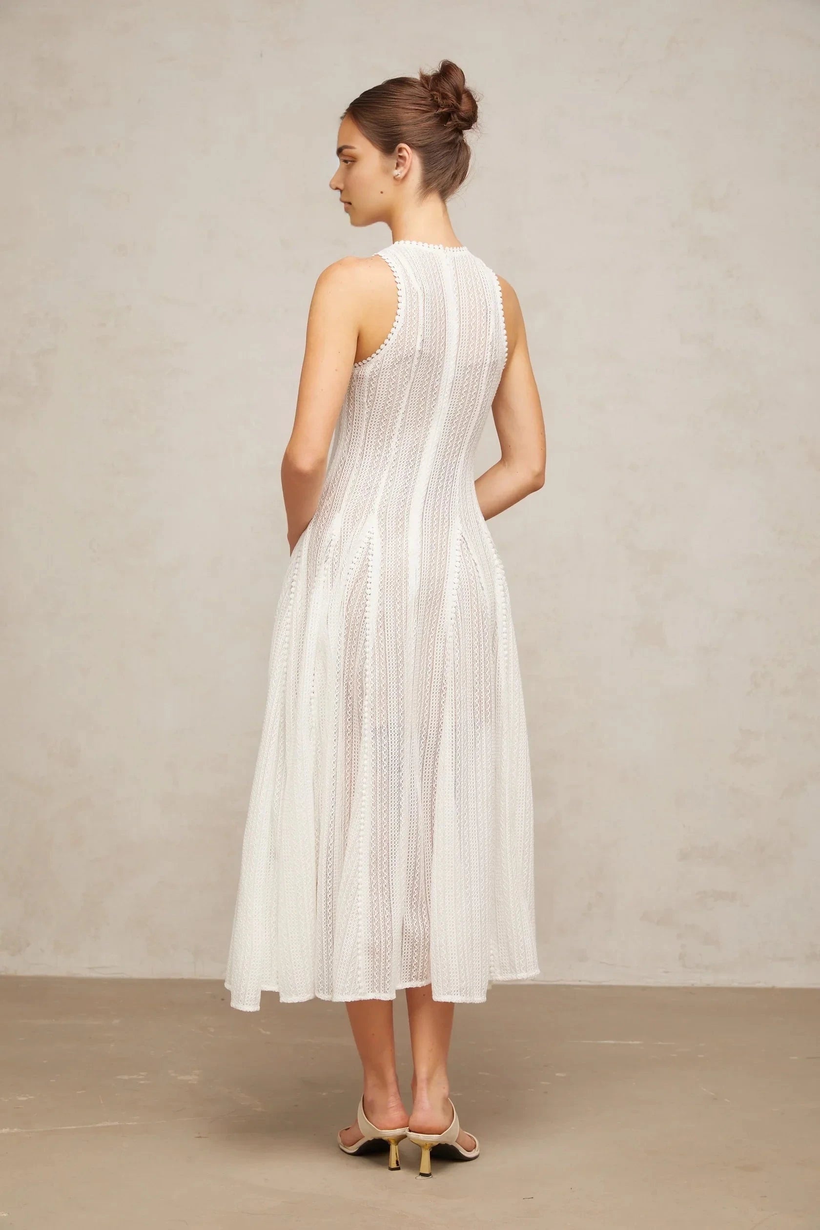 White Sleeveless Lace Midi Dress with Textured Detailing white pointelle puff midi dress Evening Dress by YiHuiw