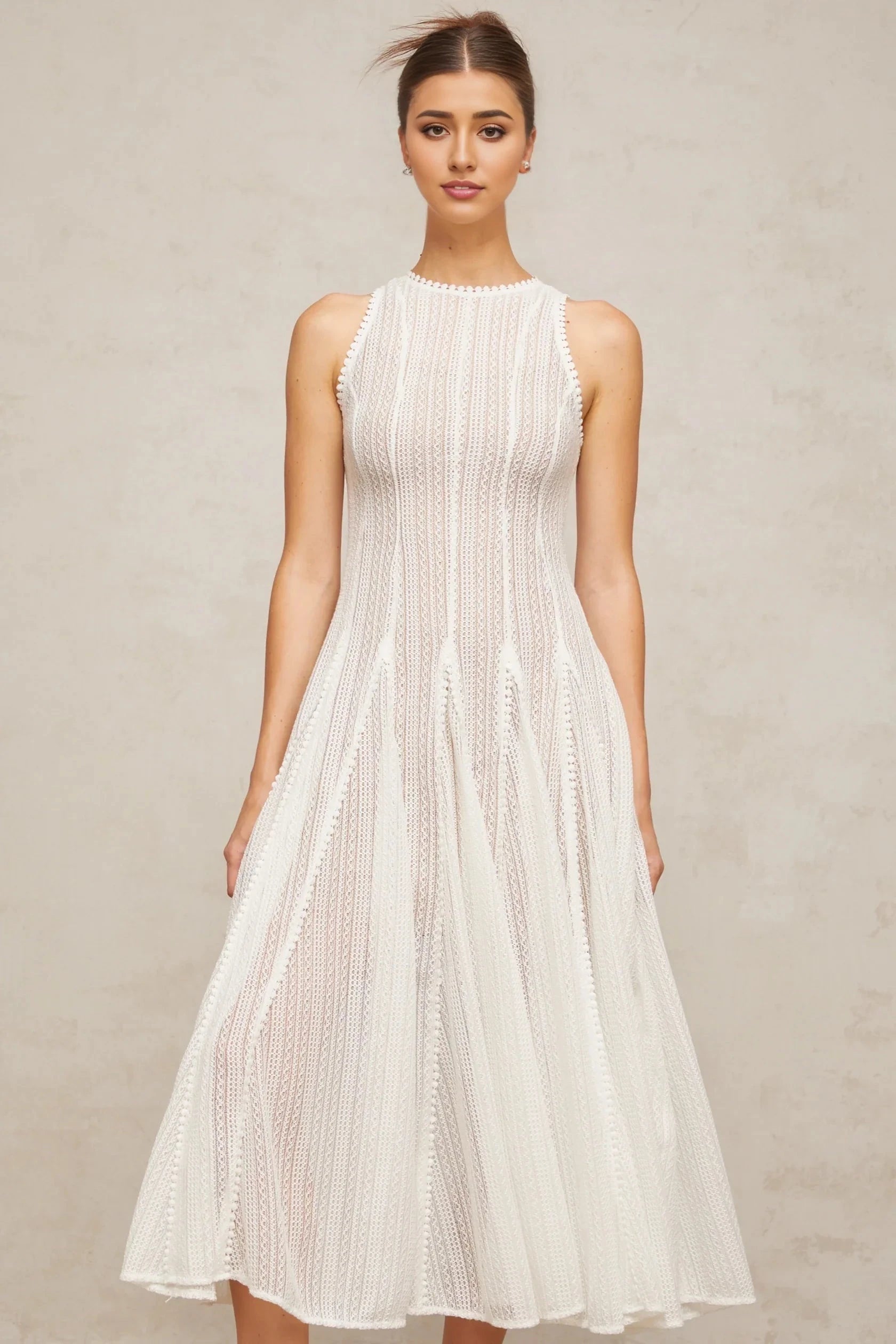 White Sleeveless Lace Midi Dress white pointelle puff midi dress Evening Dress by YiHuiw